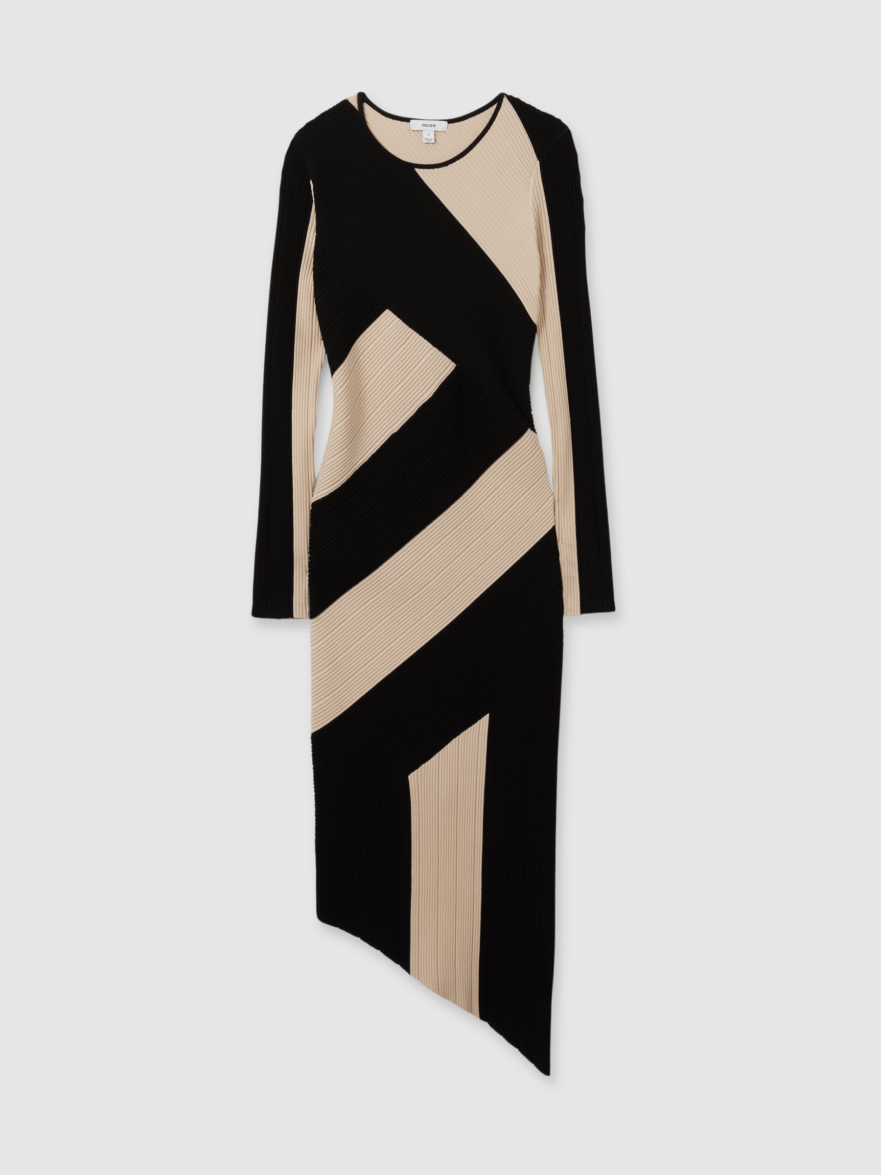 Knitted Colourblock Asymmetric Midi Dress in Black/Camel