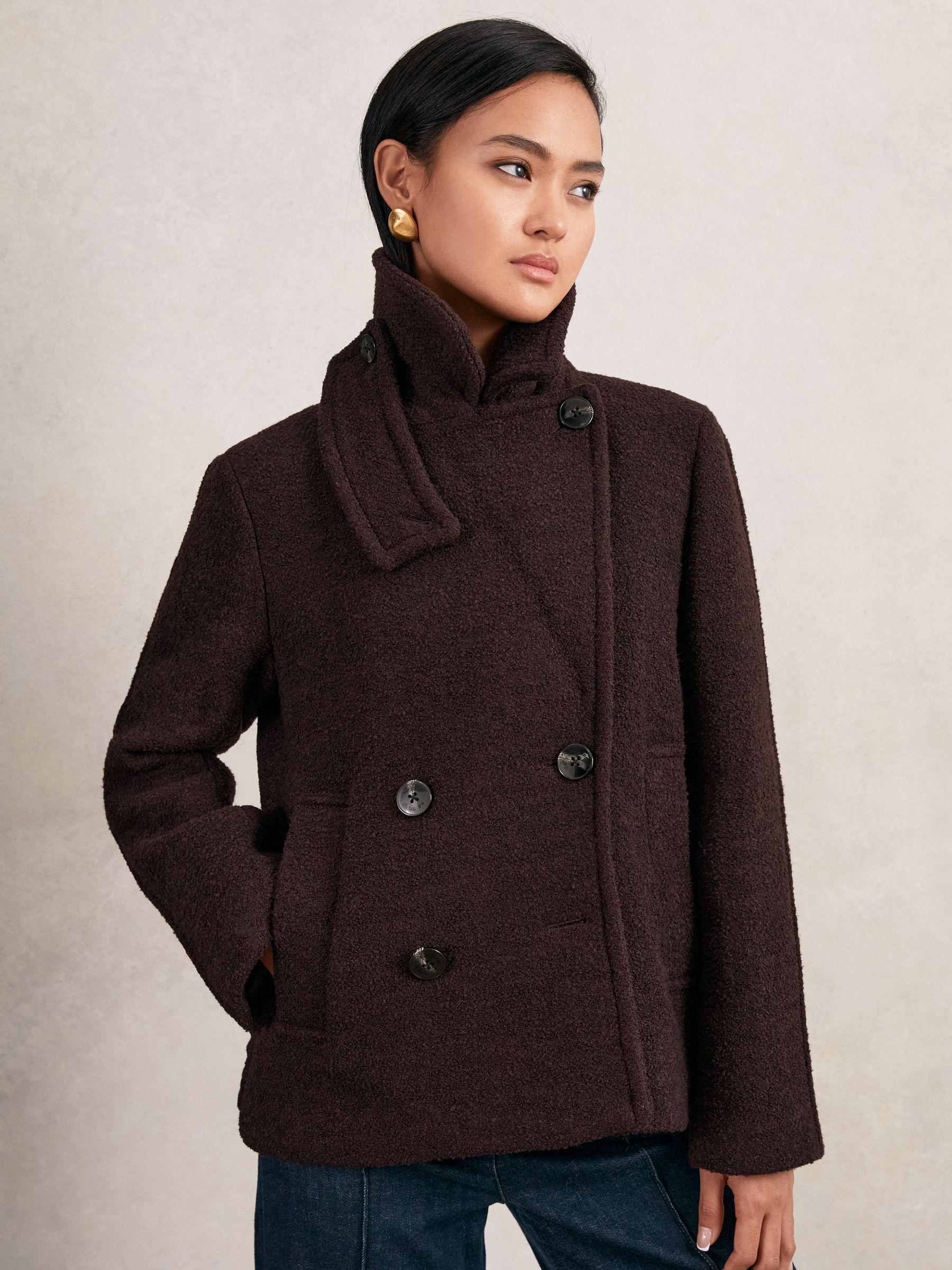 Wool-Blend Double-Breasted Short Coat in Burgundy
