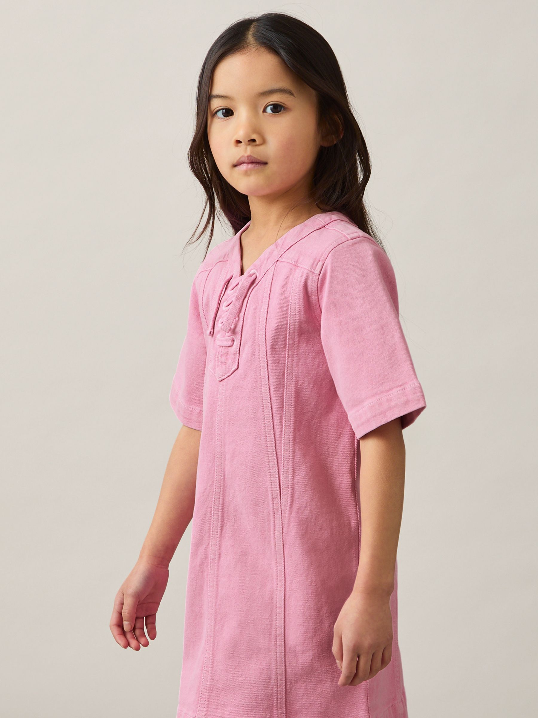 13-14 yrs Lace-Up Detail Denim Dress in Pink