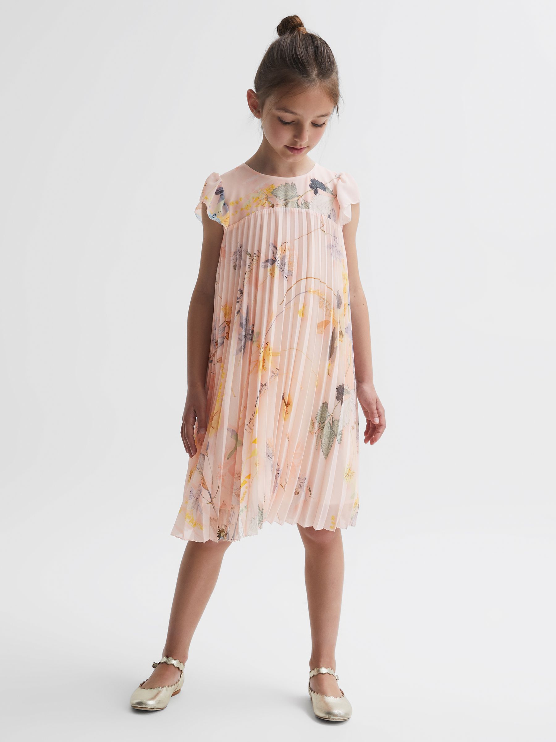 9-14 yrs Floral Pleated Cap Sleeve Dress in Pink