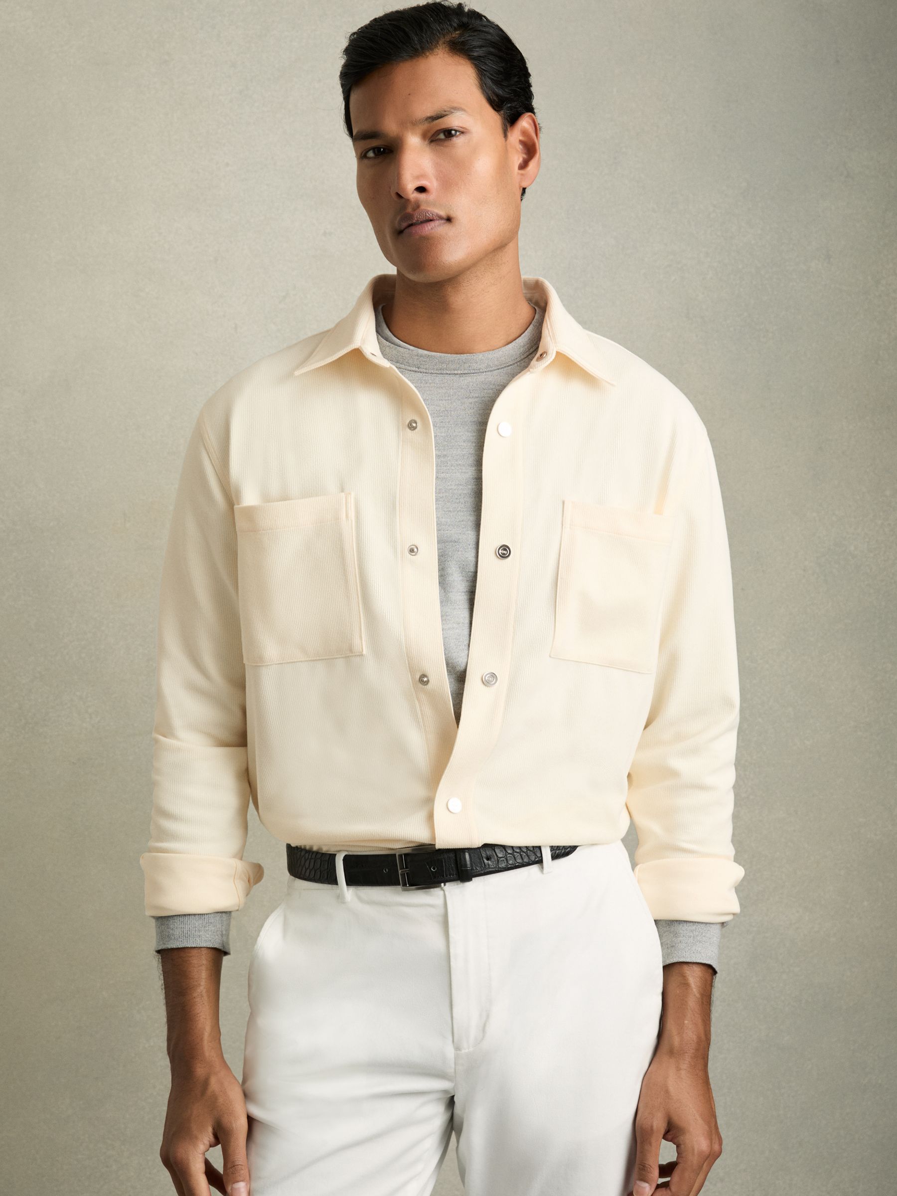 Brushed Corduroy Press-Stud Overshirt in Off White