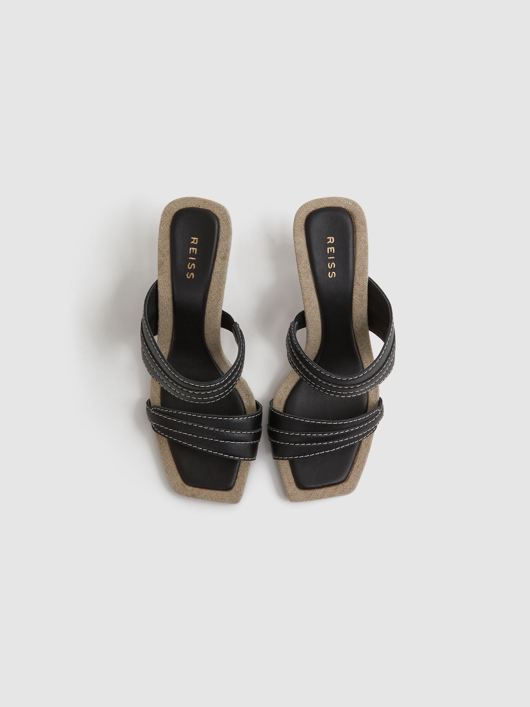 Leather Strap Heeled Mules in Black