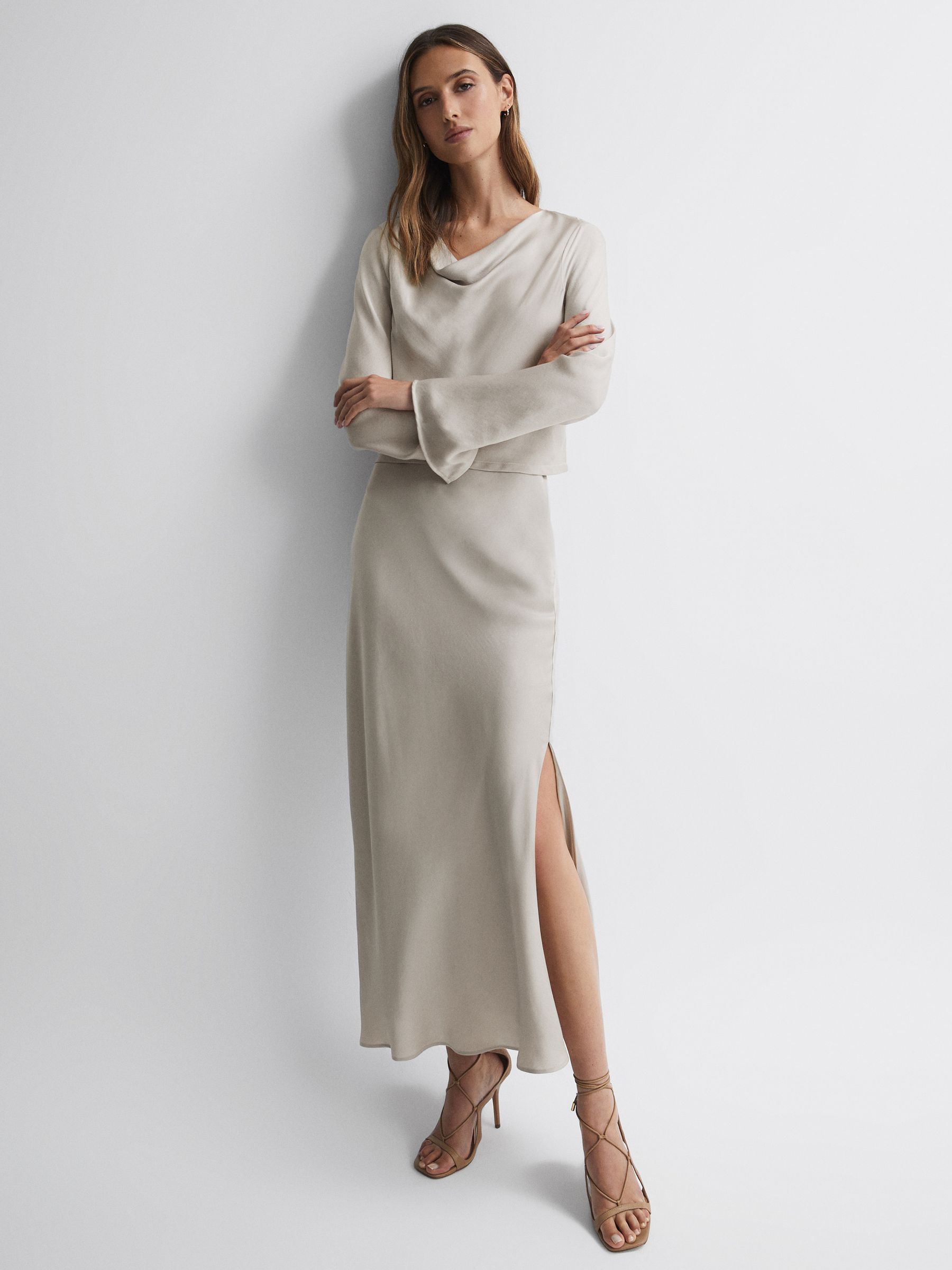 Metallic Fitted High Rise Midi Skirt in Silver