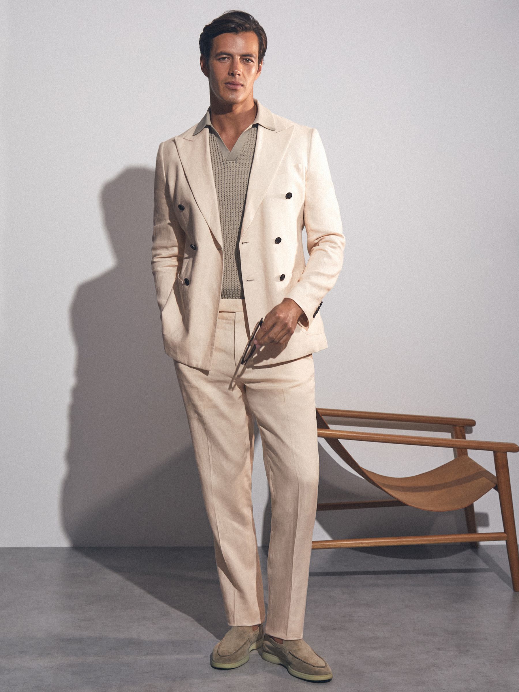 Linen Double-Breasted Suit Slim-Fit Blazer in Stone