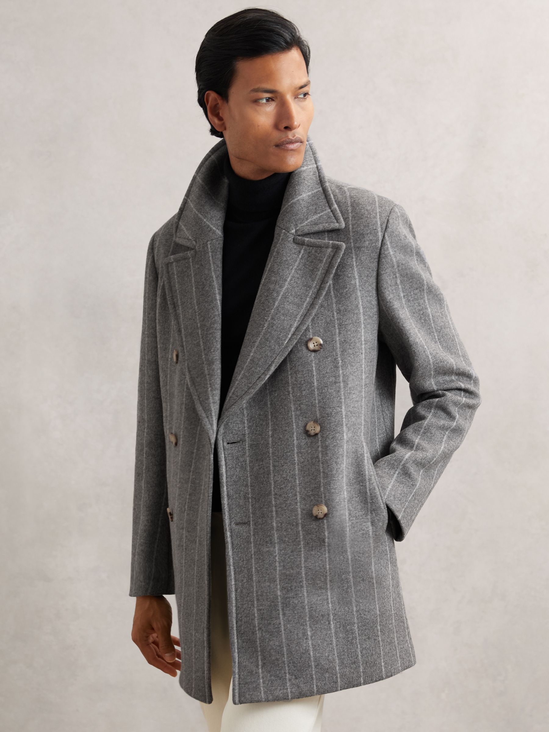 Wool-Blend Chalk-Stripe Pea Coat in Grey