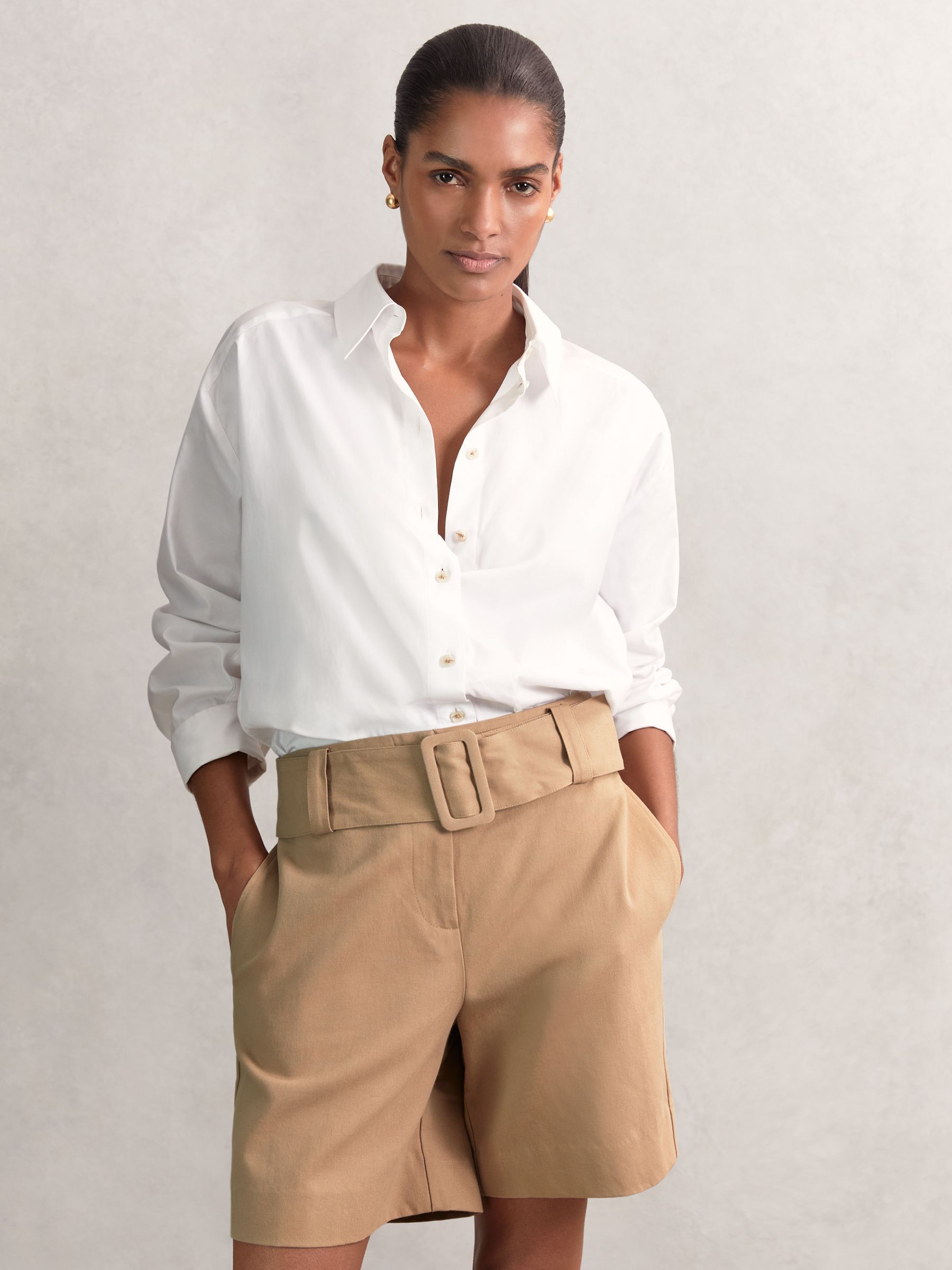 Cotton-Blend Belted Shorts With Linen in Camel