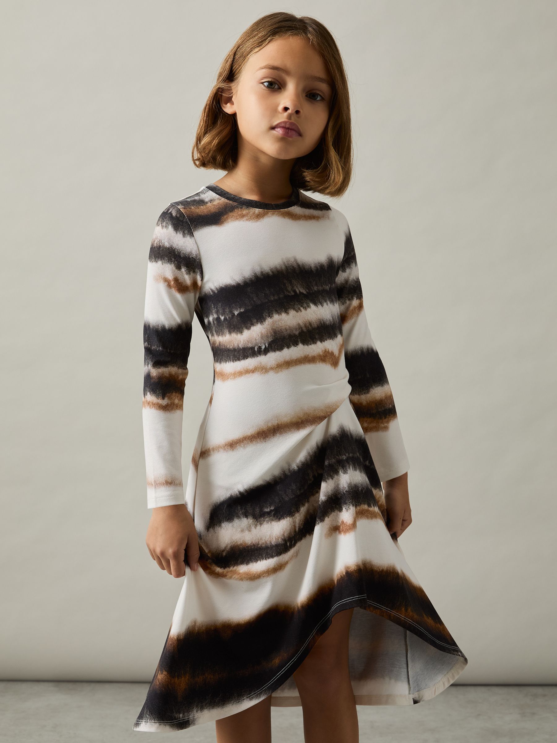 9-13 yrs Printed Jersey Ruched Midi Dress in Ivory Print