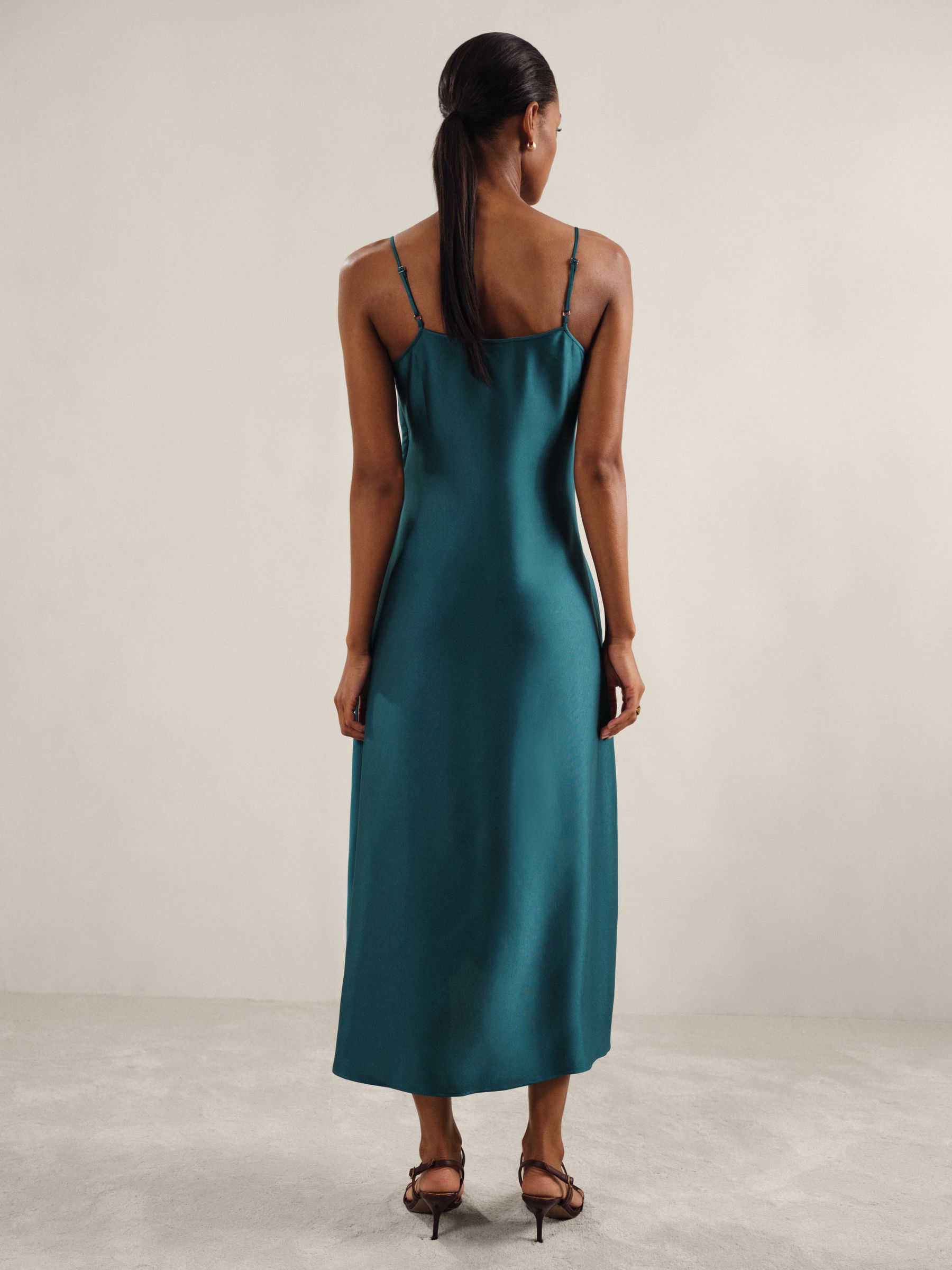 Petite Satin Drape-Detail Slip Dress in Teal