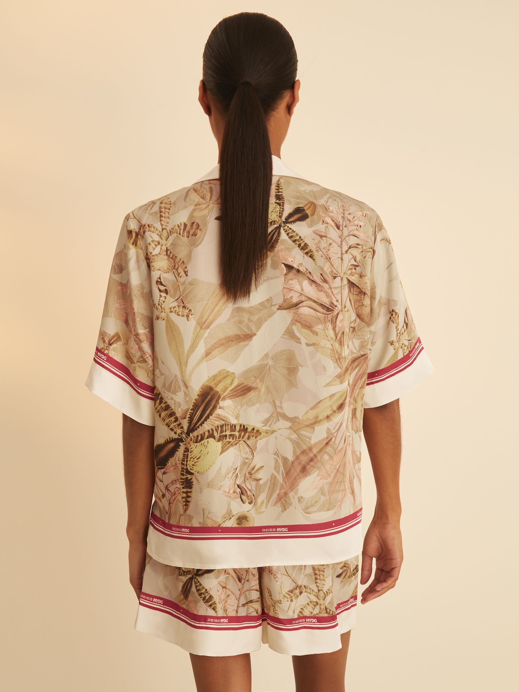 Reiss | NYBG Satin Floral-Print Shirt in Light Khaki