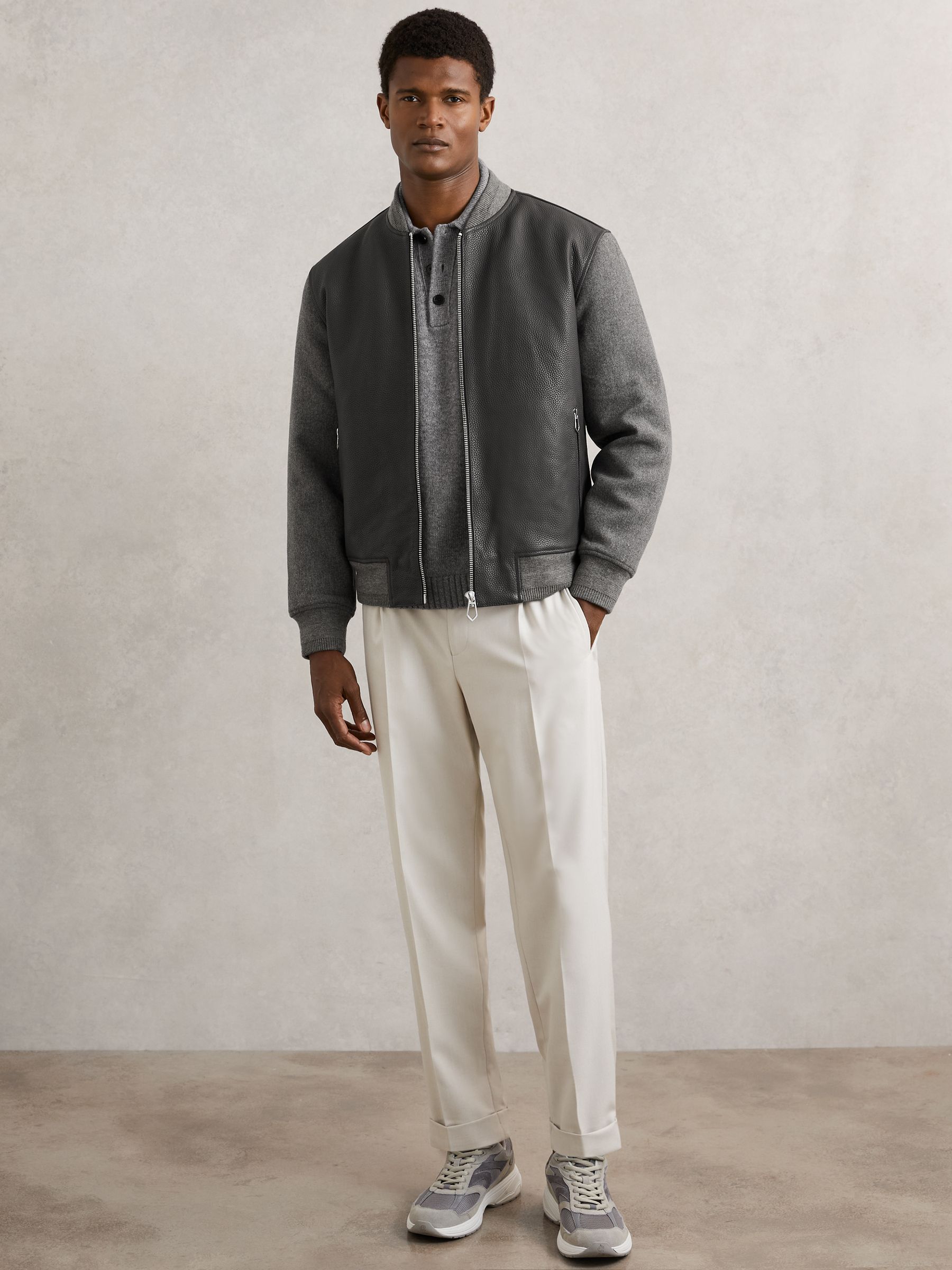 Leather Contrast-Sleeve Bomber Jacket in Grey