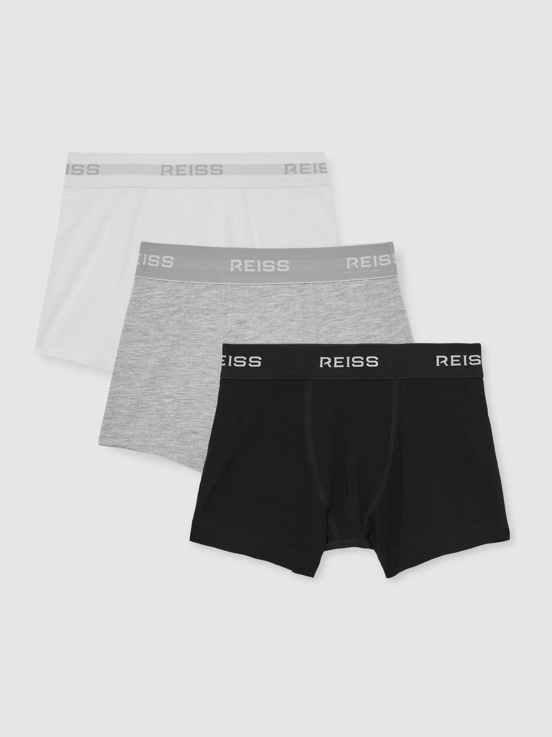 9-13 yrs Stretch-Cotton Logo-Waistband Boxer Shorts 3 Pack in White/Grey/Black