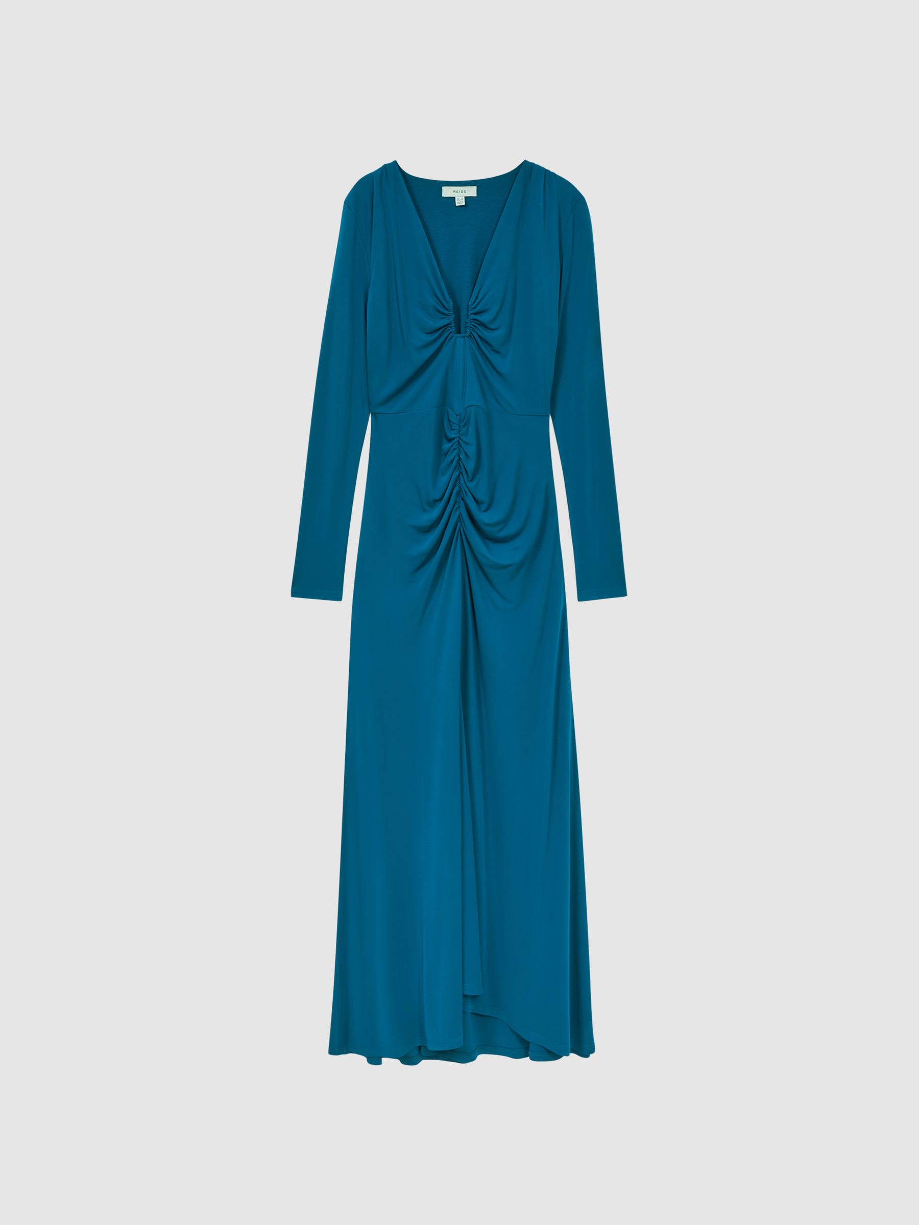 Plunge Neck Ruche Midi Dress in Teal