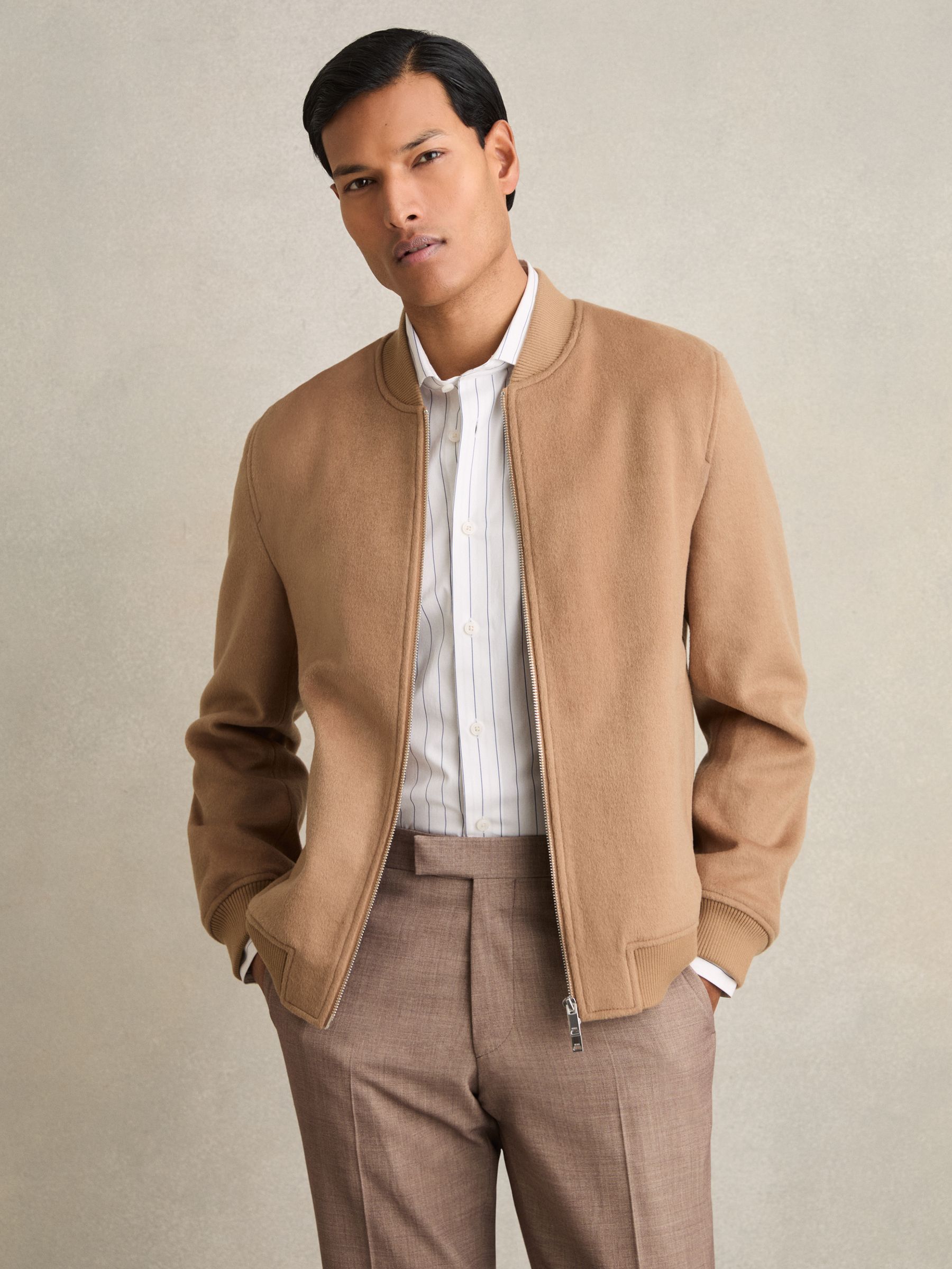 Brushed Wool-Blend Bomber Jacket in Camel