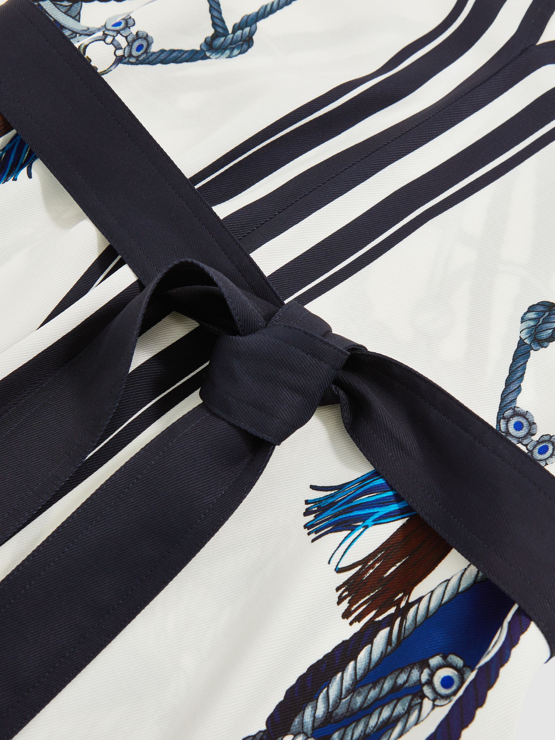 Scarf-Print V-Neck Belted Midi Dress in Blue/Brown