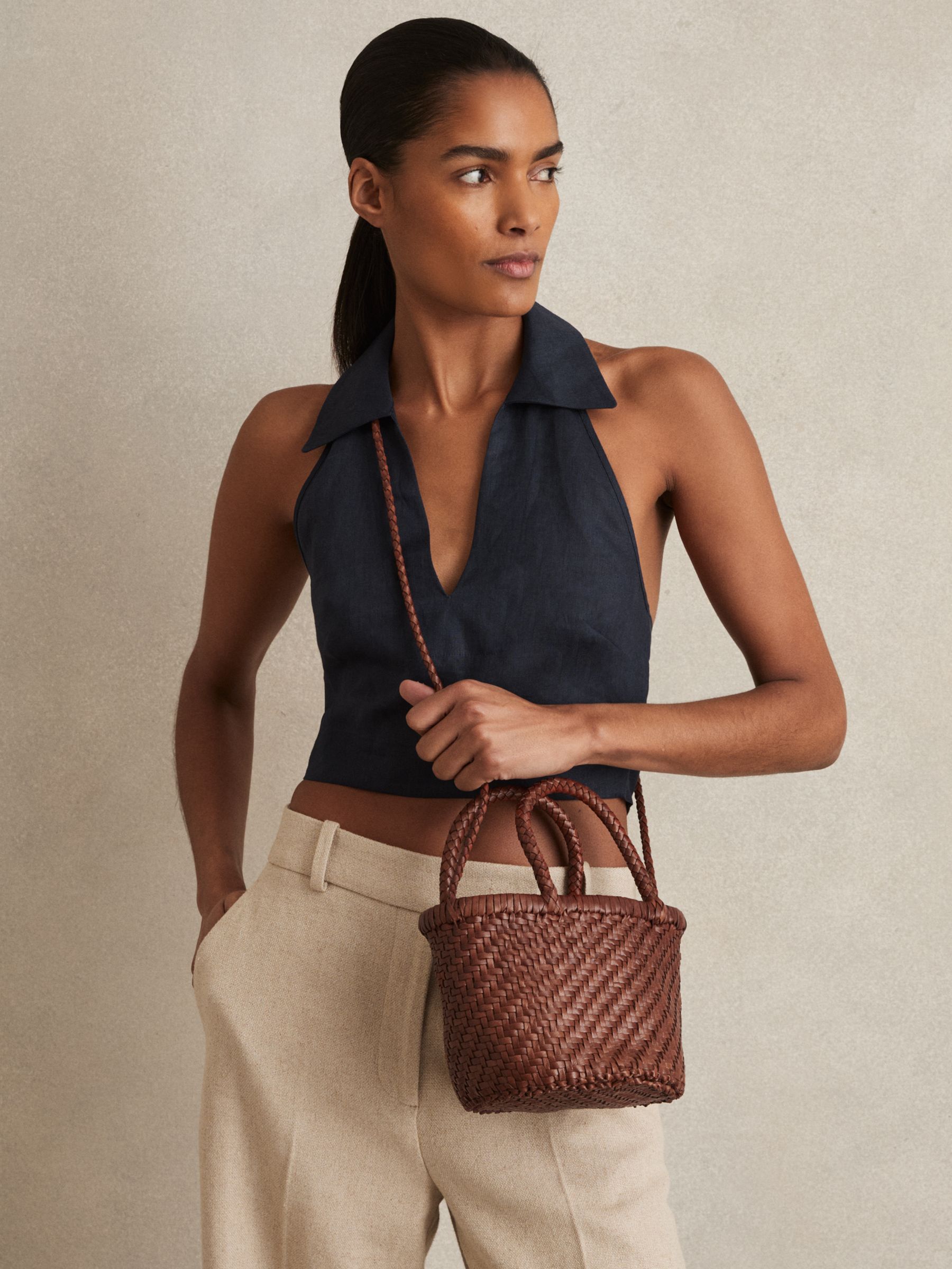 Leather Woven Mini Tote Bag in Tan