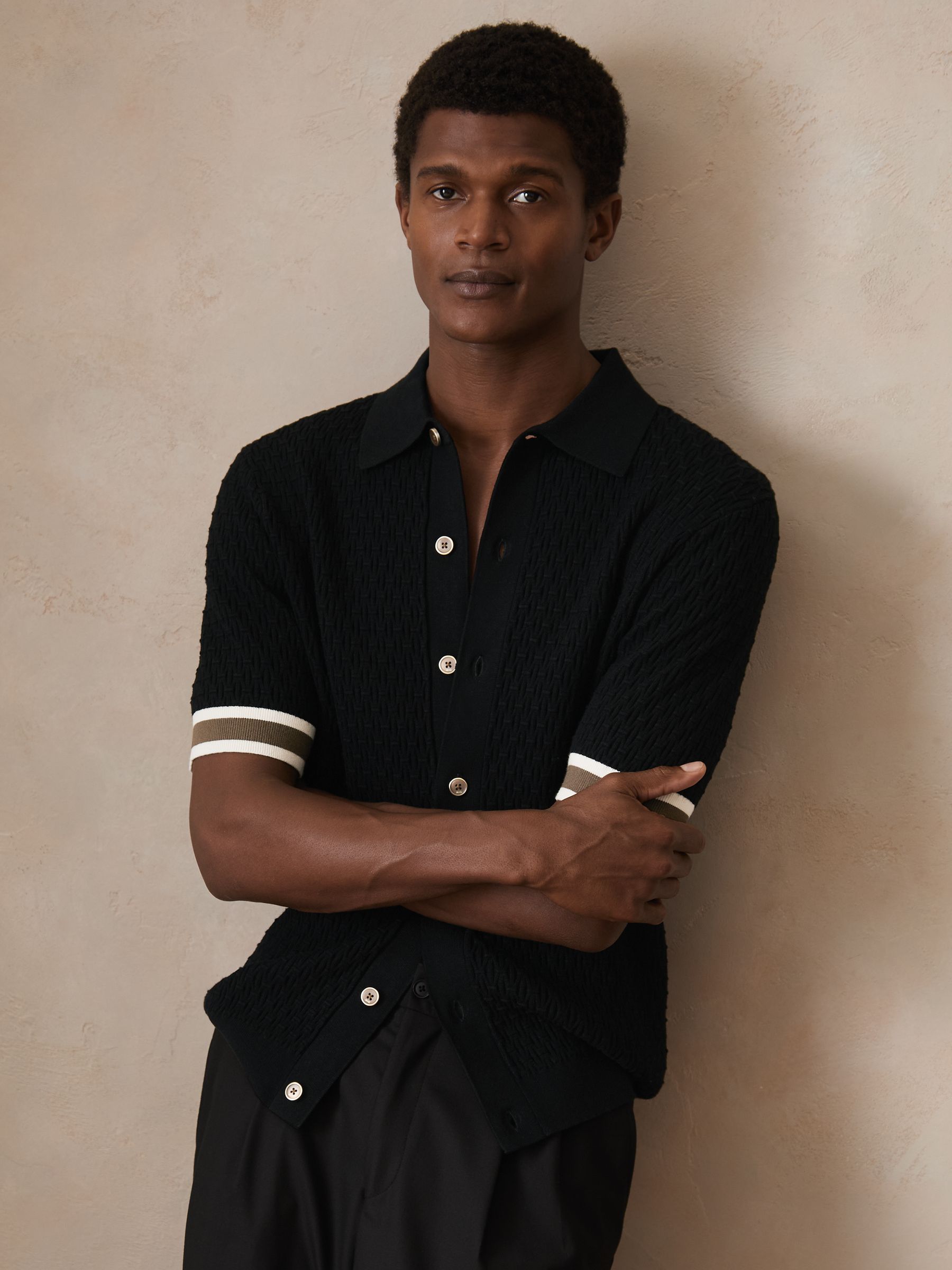 Reiss | Ché Textured Cuff-Trim Shirt in Black