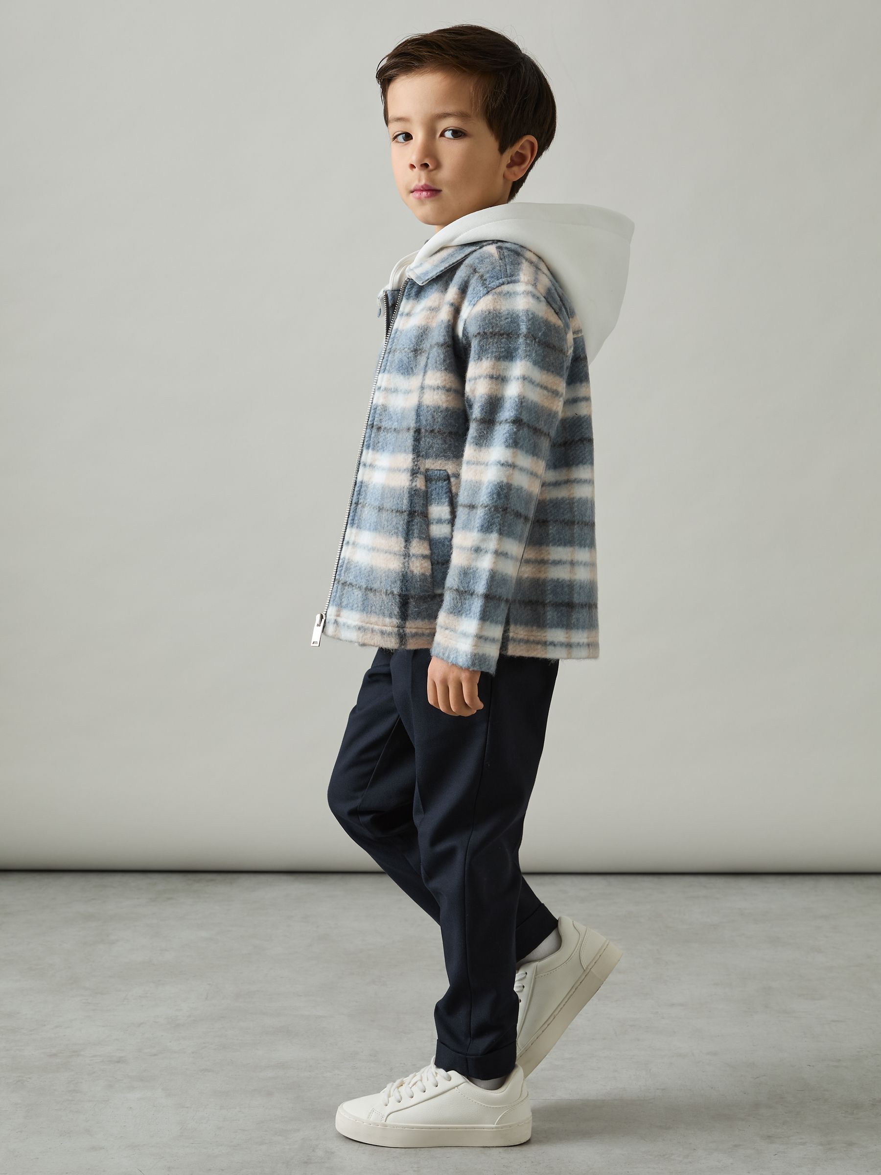 9-13 yrs Long Sleeved Hooded Check Overshirt in Blue