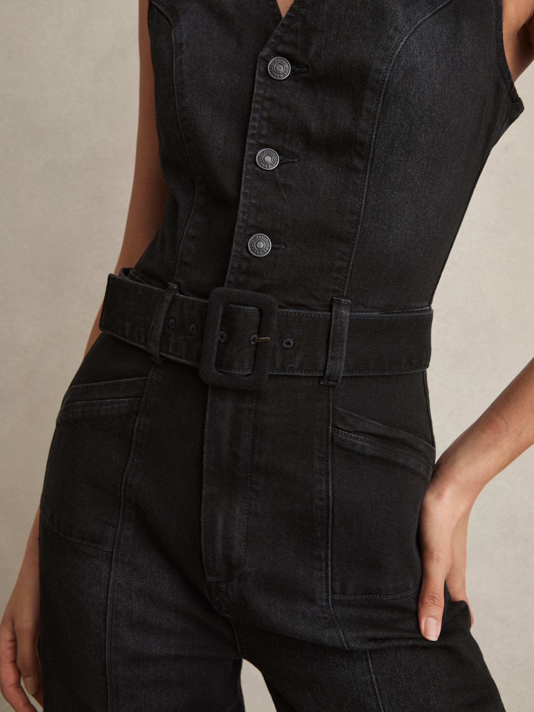 Paige Sleeveless Denim Jumpsuit in Washed Black