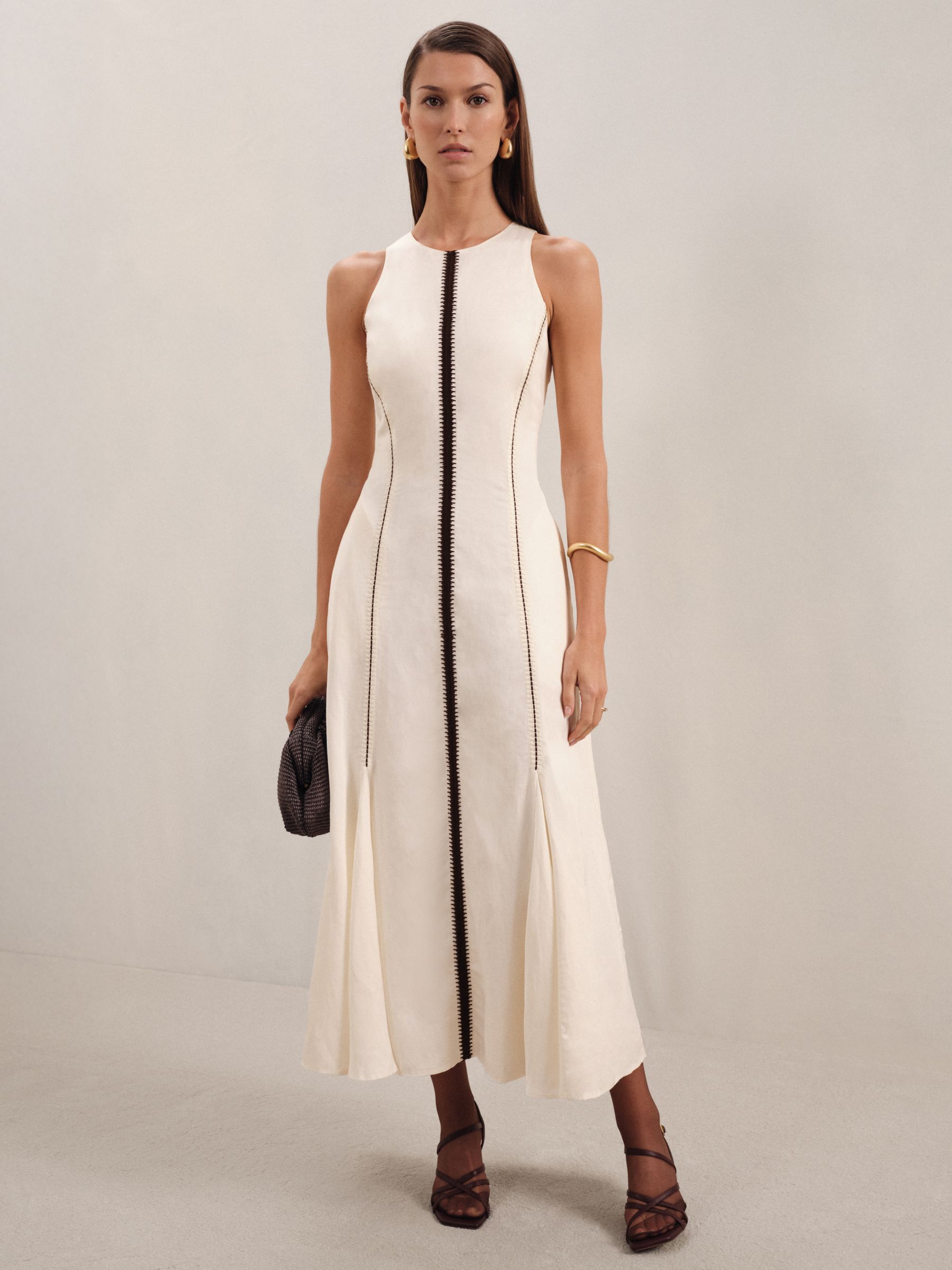 Petite Craft-Stitch Sleeveless Midi Dress in Ivory/Black