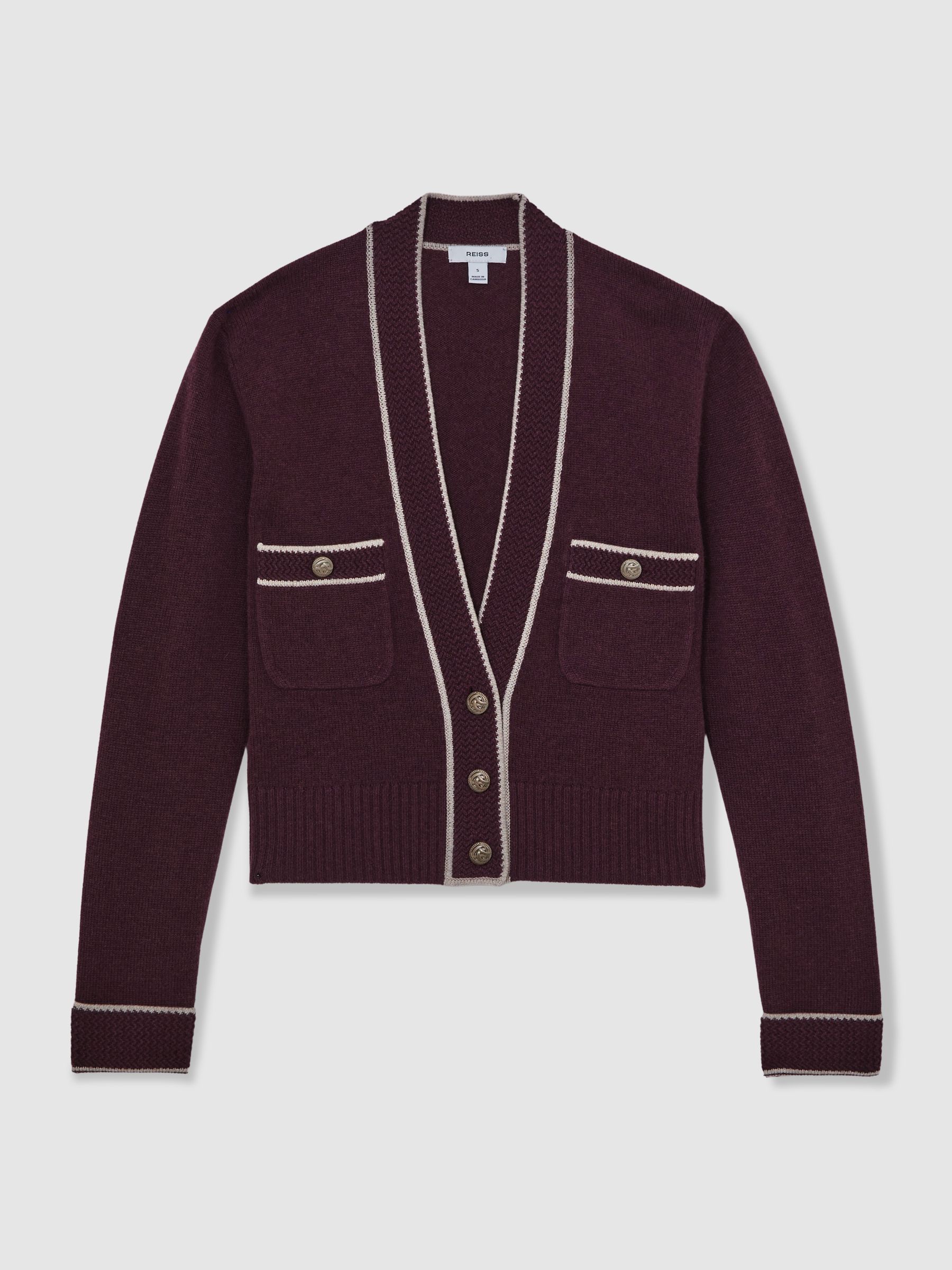 Wool-Cashmere Tipped V-Neck Cardigan in Burgundy/Neutral