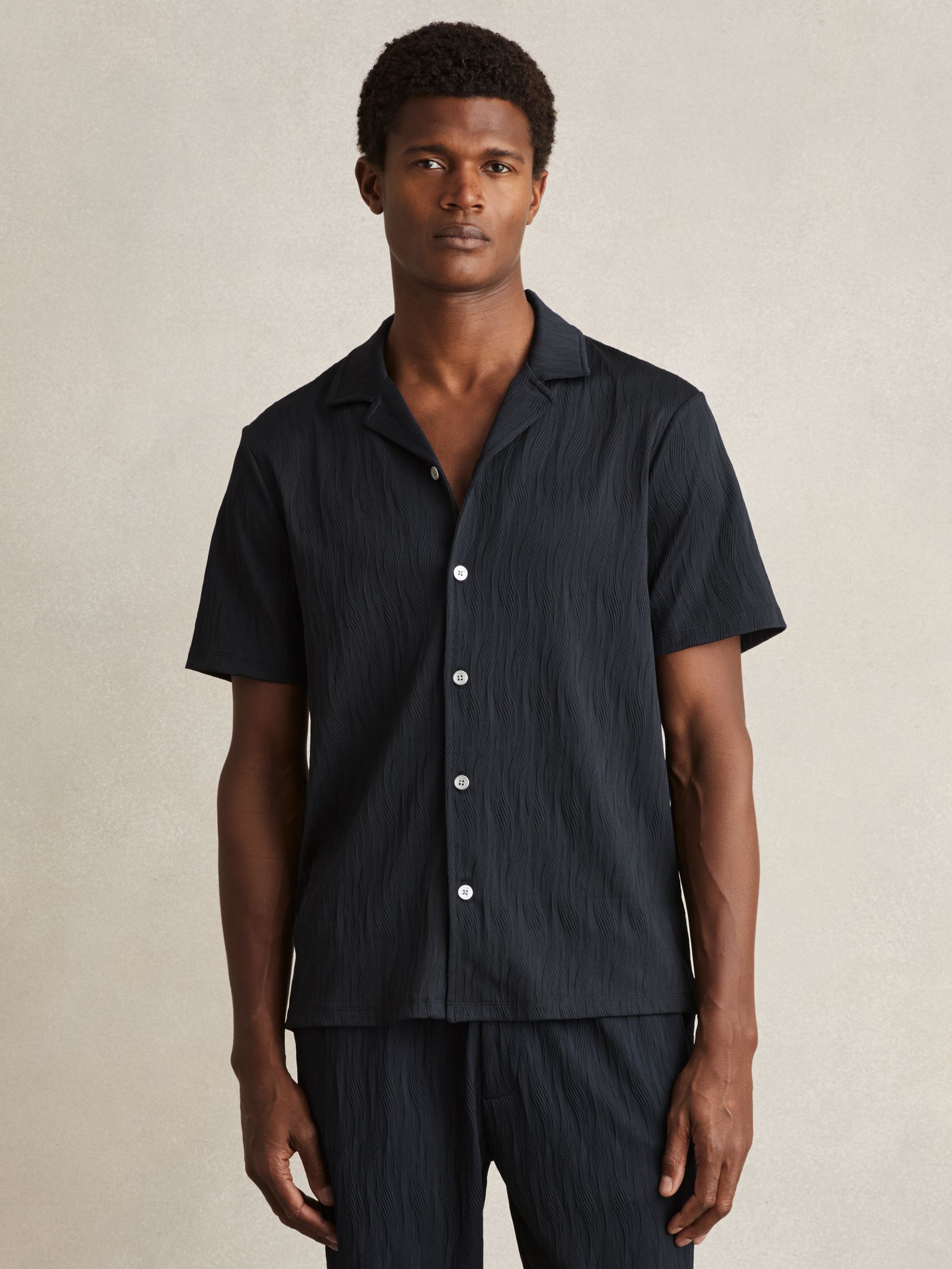 Wave-Jacquard Cuban-Collar Shirt in Navy