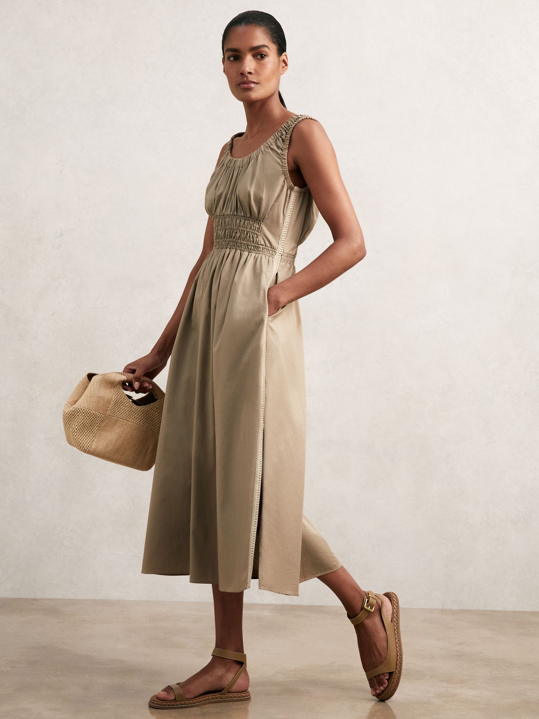 Cotton Craft-Stitch Shirred Midi Dress in Khaki