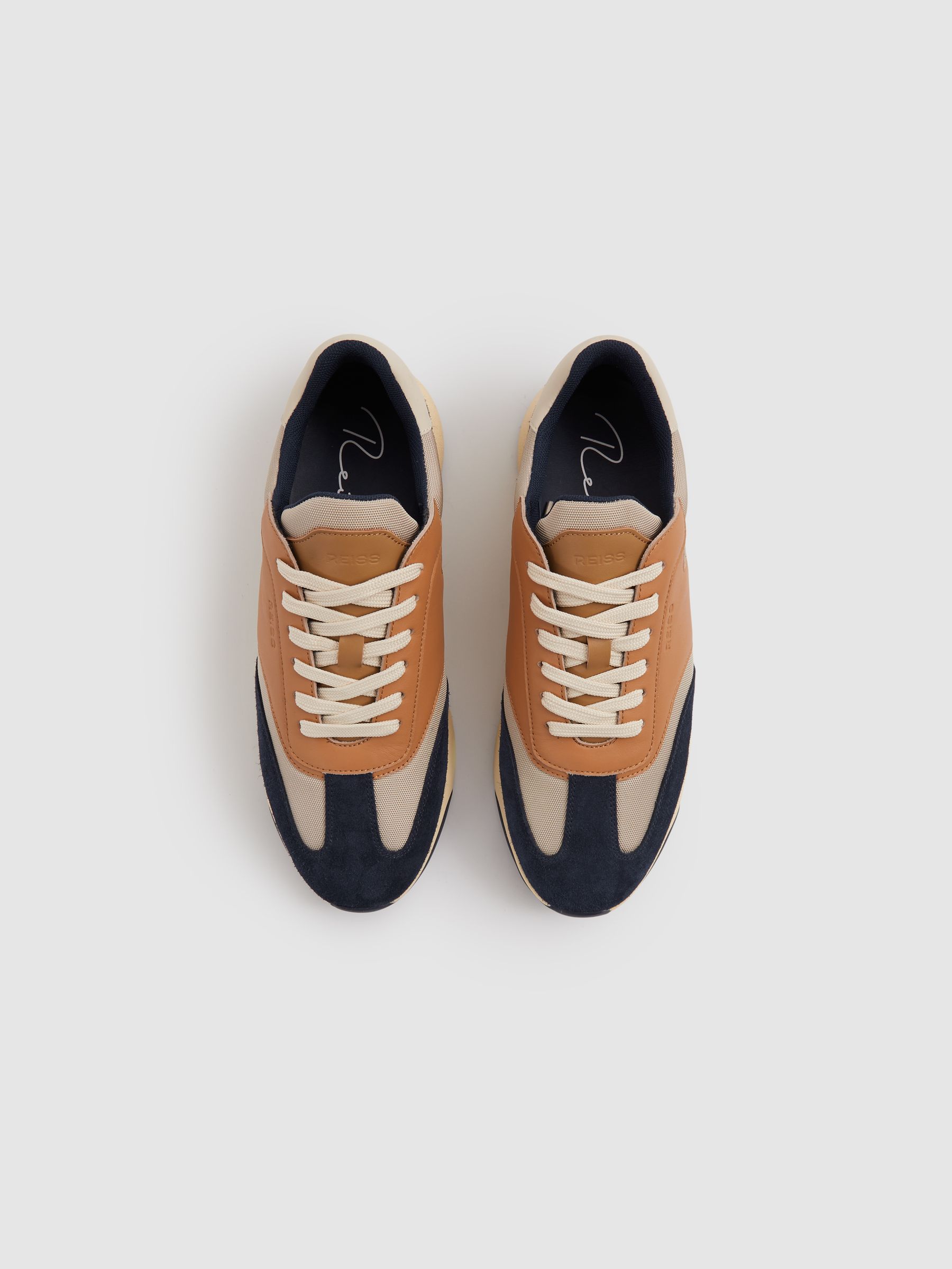 Leather Suede Running Trainers in Navy/Camel