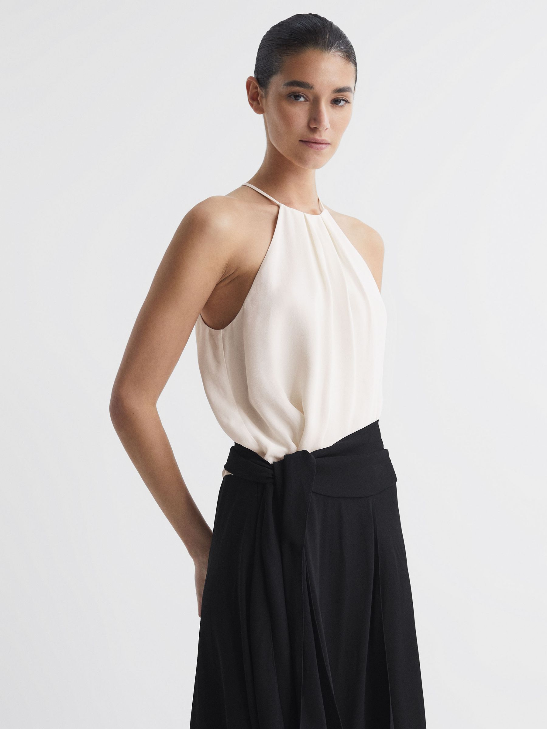 Asymmetric Belted Wrap Midi Dress in Cream/Black