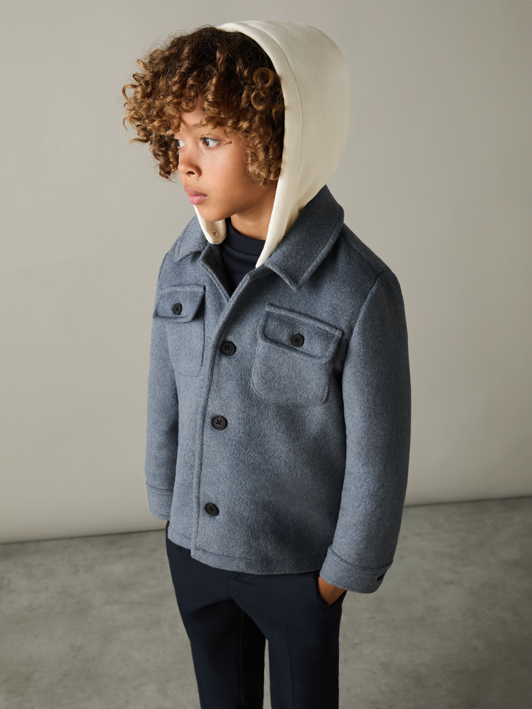 9-13 yrs Removable-Hood Brushed-Twill Overshirt in Airforce Blue