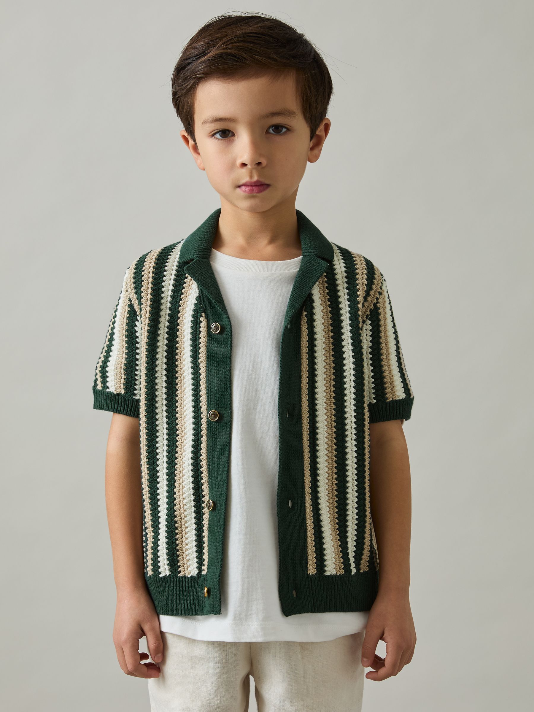 9-13 yrs Cotton Crochet Stripe Cuban Shirt in Green