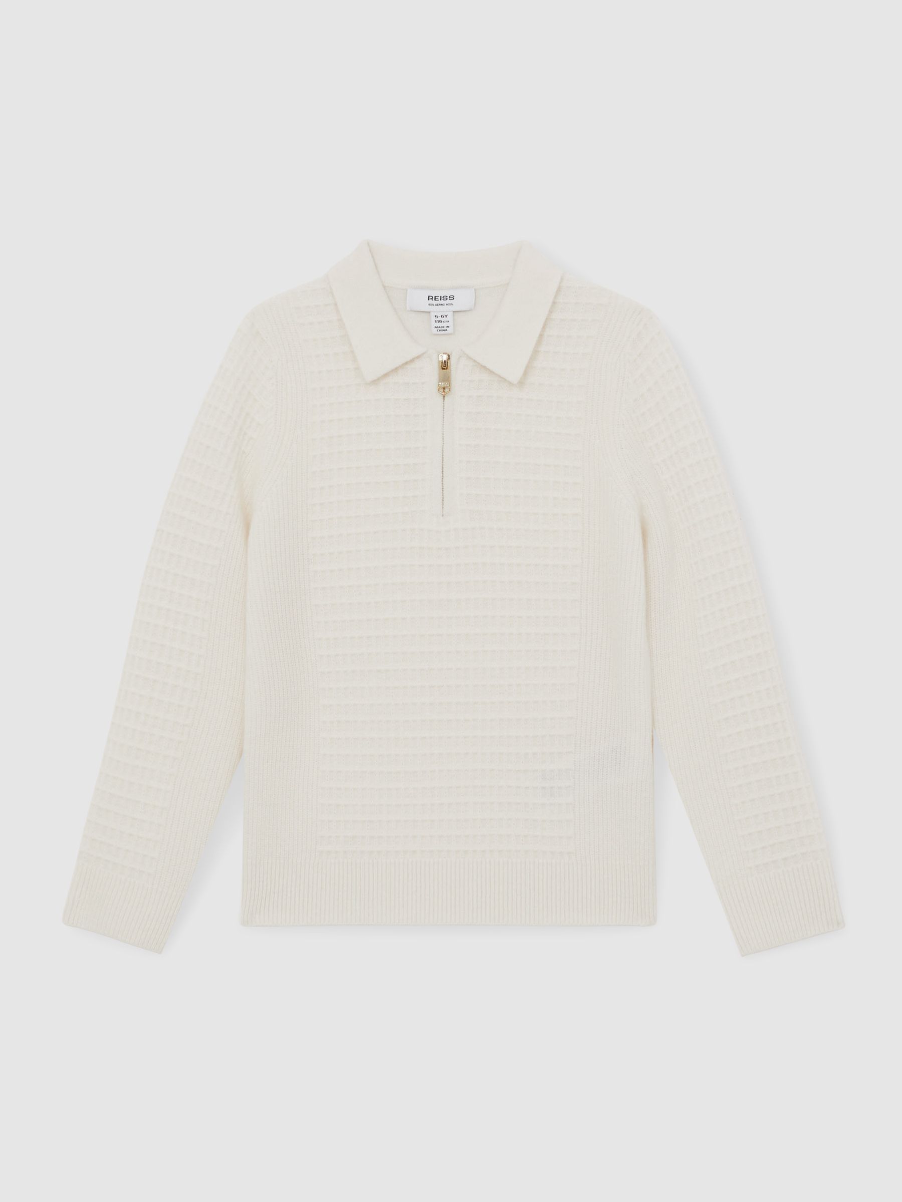 9-13 yrs Wool Waffle-Knit Half-Zip Polo Shirt in Off White