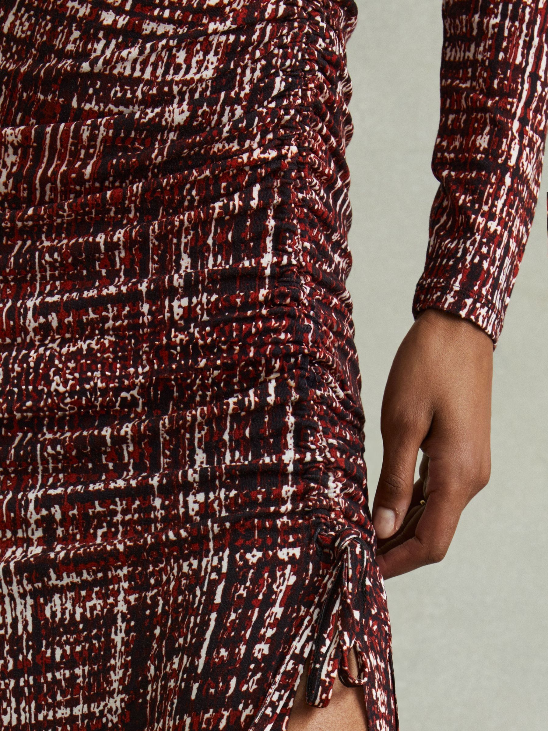 Printed Ruched Midi Dress in Red