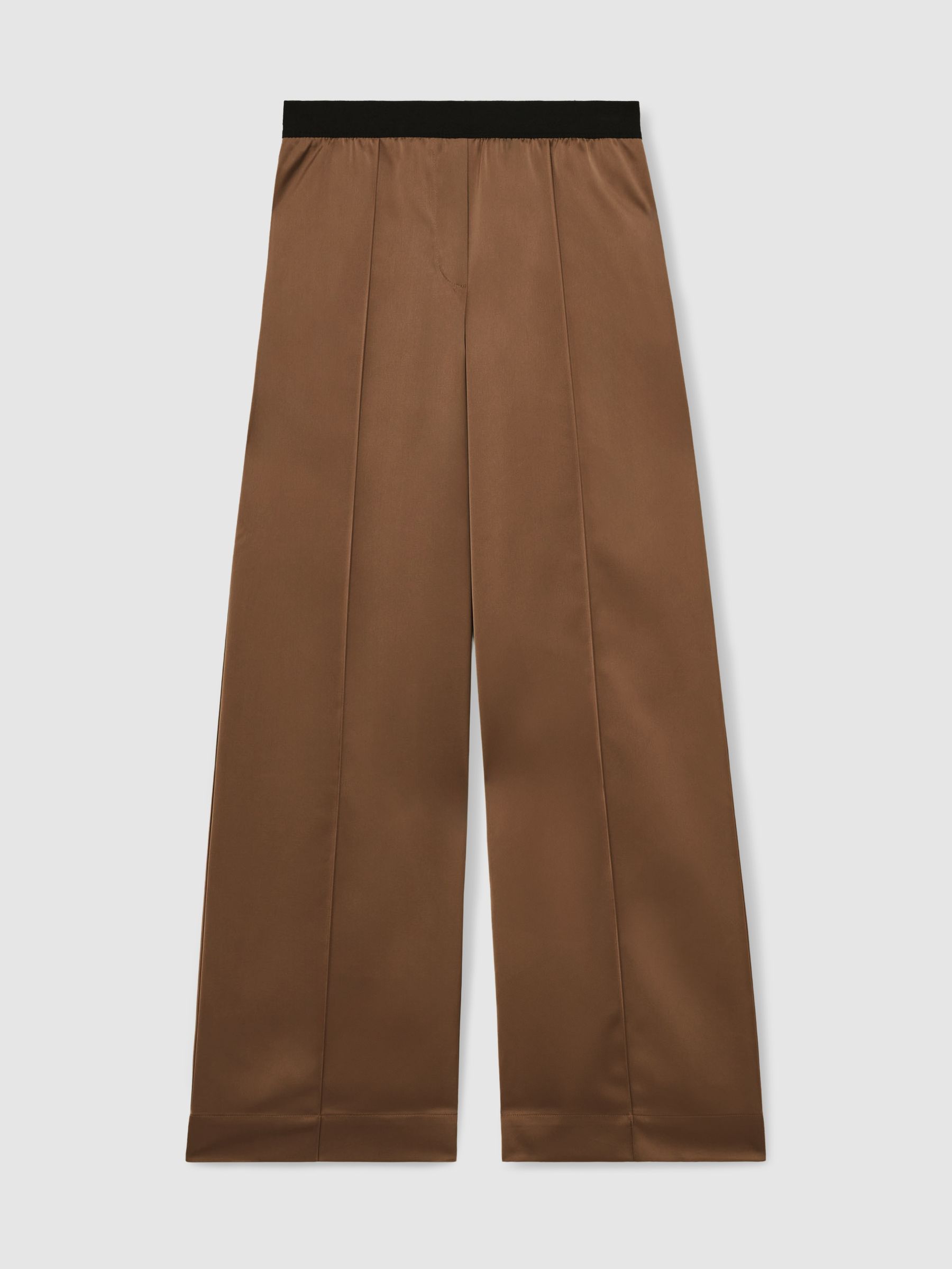 Satin Wide Leg Elastic Waist Trousers in Taupe Neutral