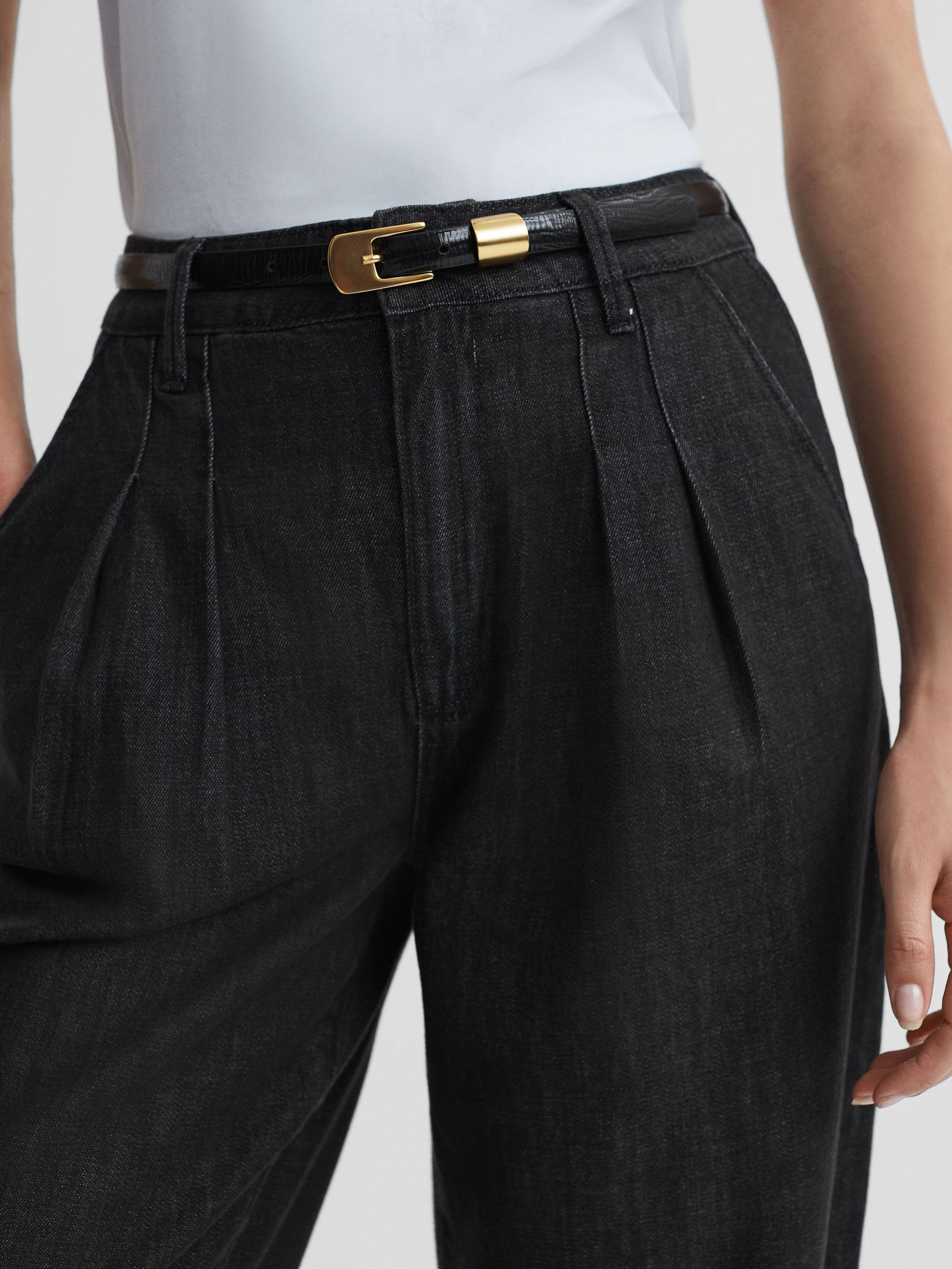 Paige High Rise Tapered Jeans in Washed Black