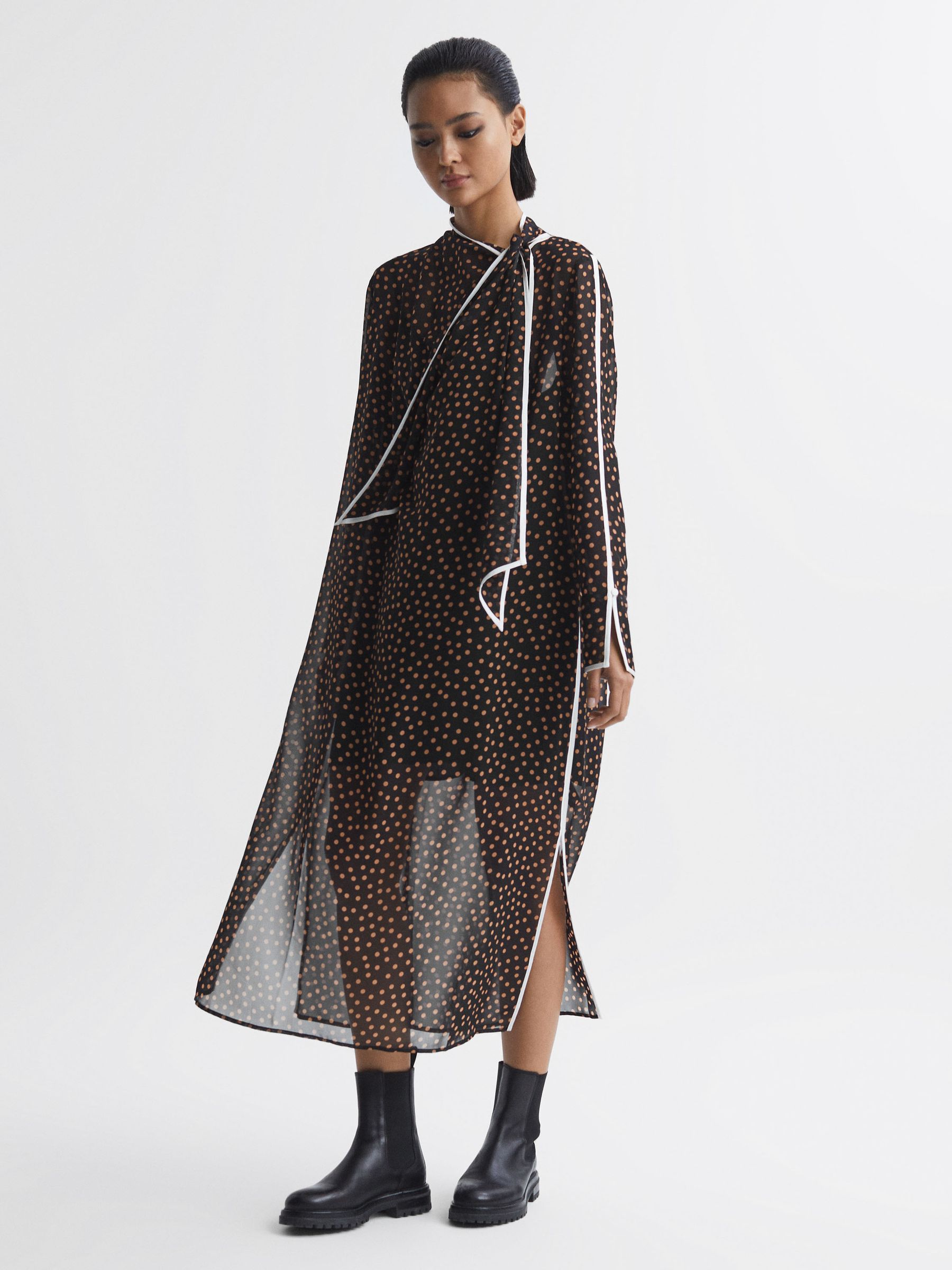 Polka Dot Tie Neck Midi Dress in Black/Brown