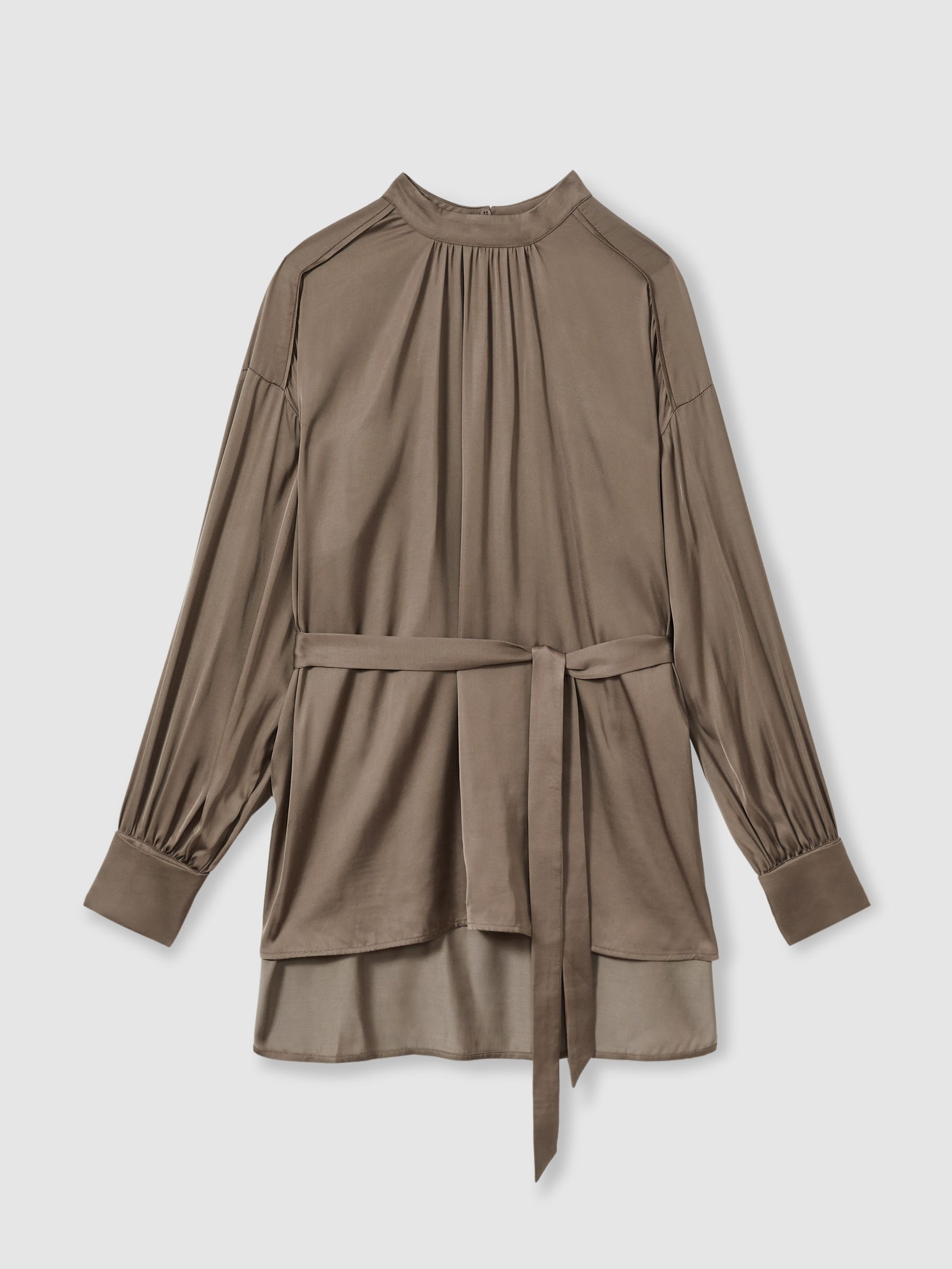 Woven High-Neck Belted Blouse in Mink