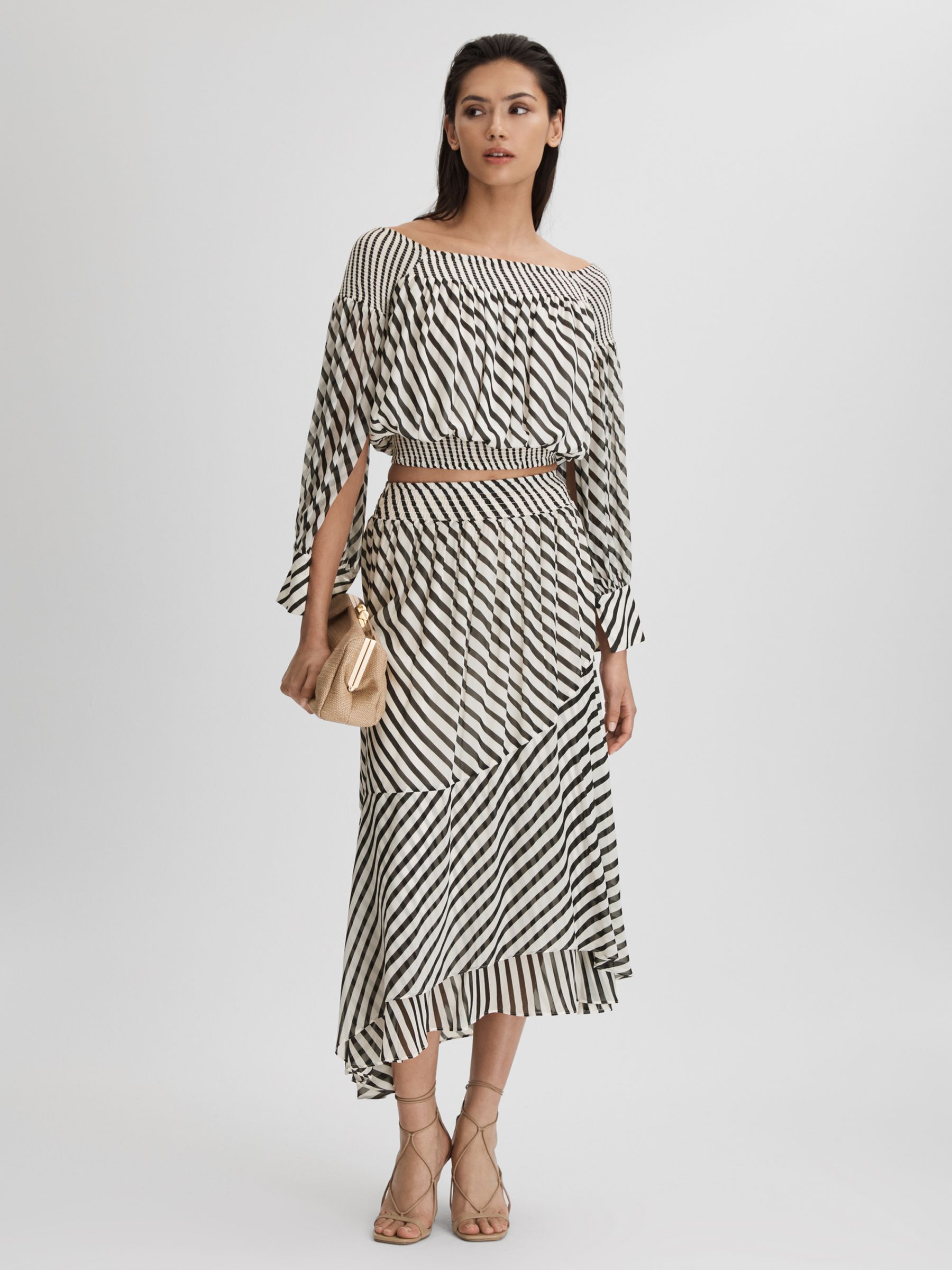 Striped Panelled Midi Skirt in Black/Cream