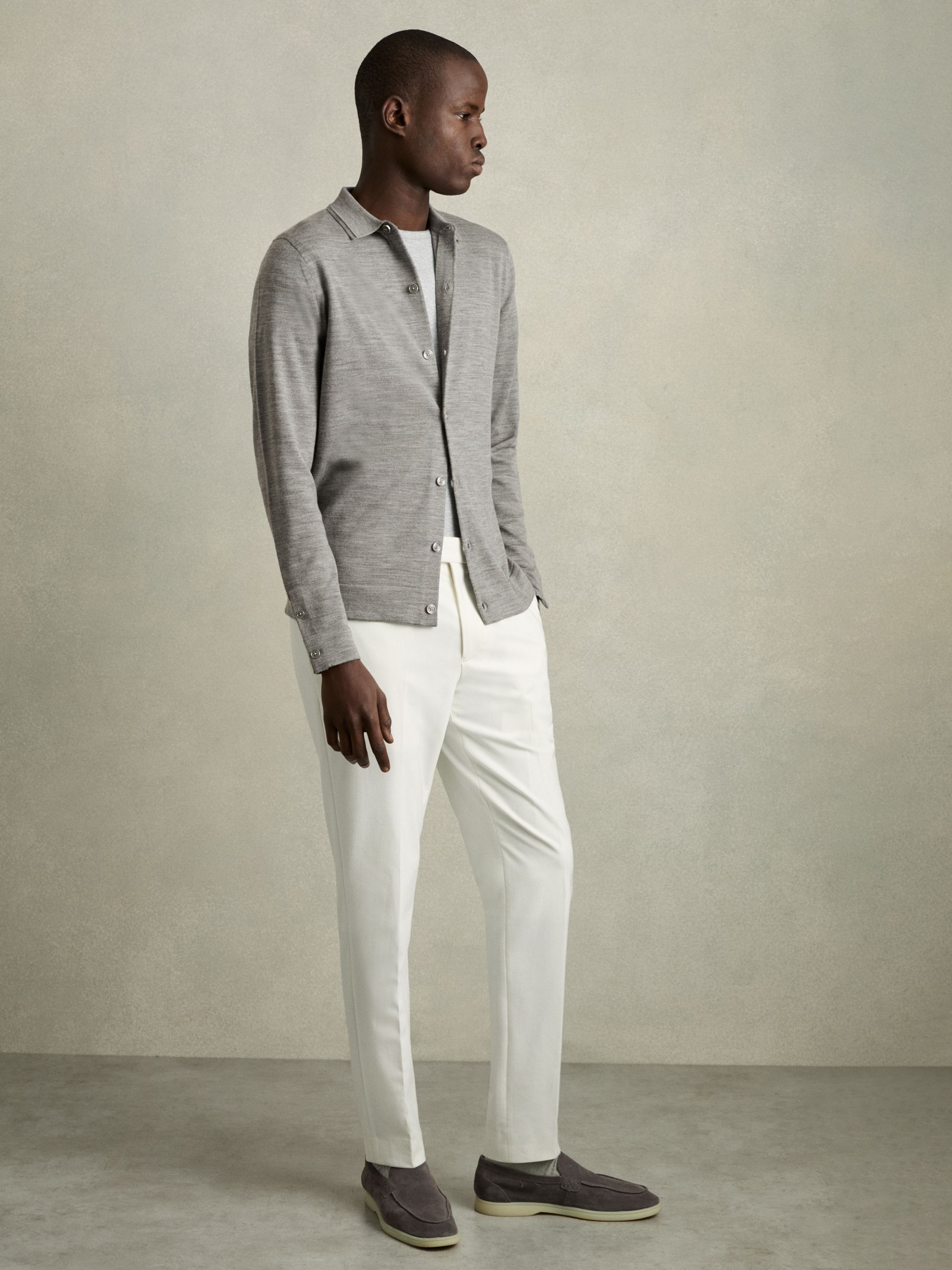 Merino Wool Button-Through Cardigan in Warm Grey Melange