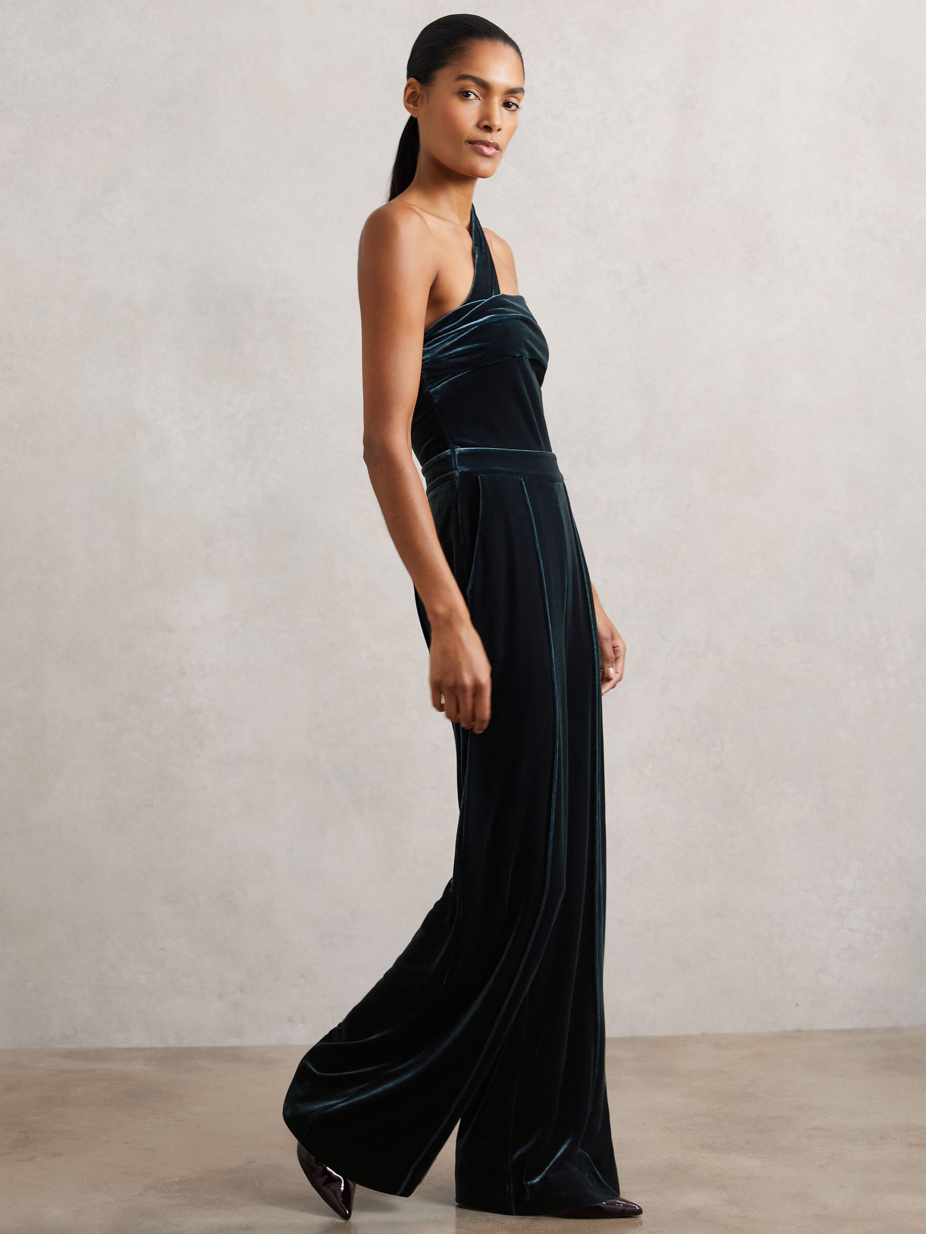 Velvet One-Shoulder Wide-Leg Jumpsuit in Teal Green