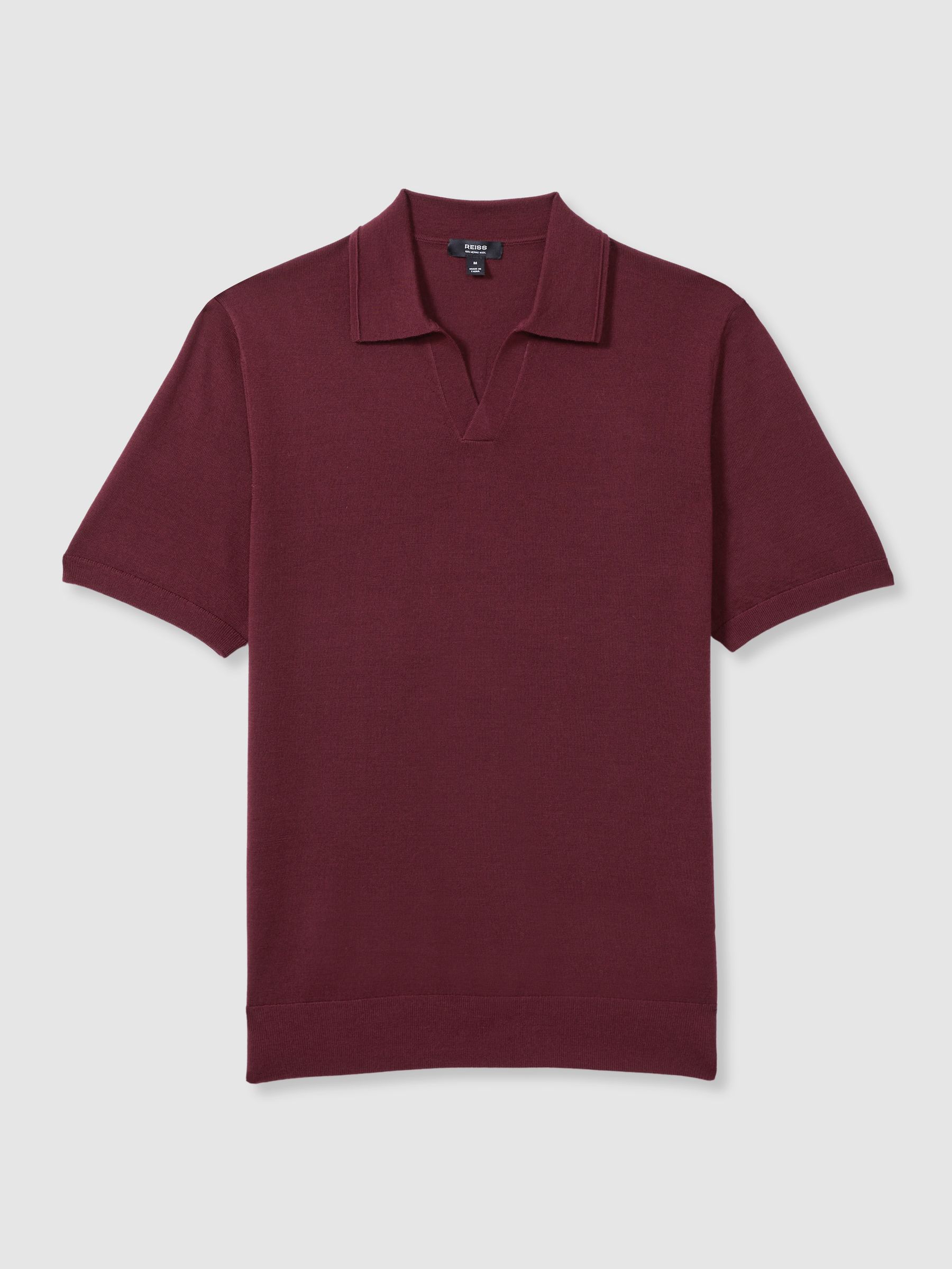 Merino Wool Open Collar Polo Shirt in Claret Red