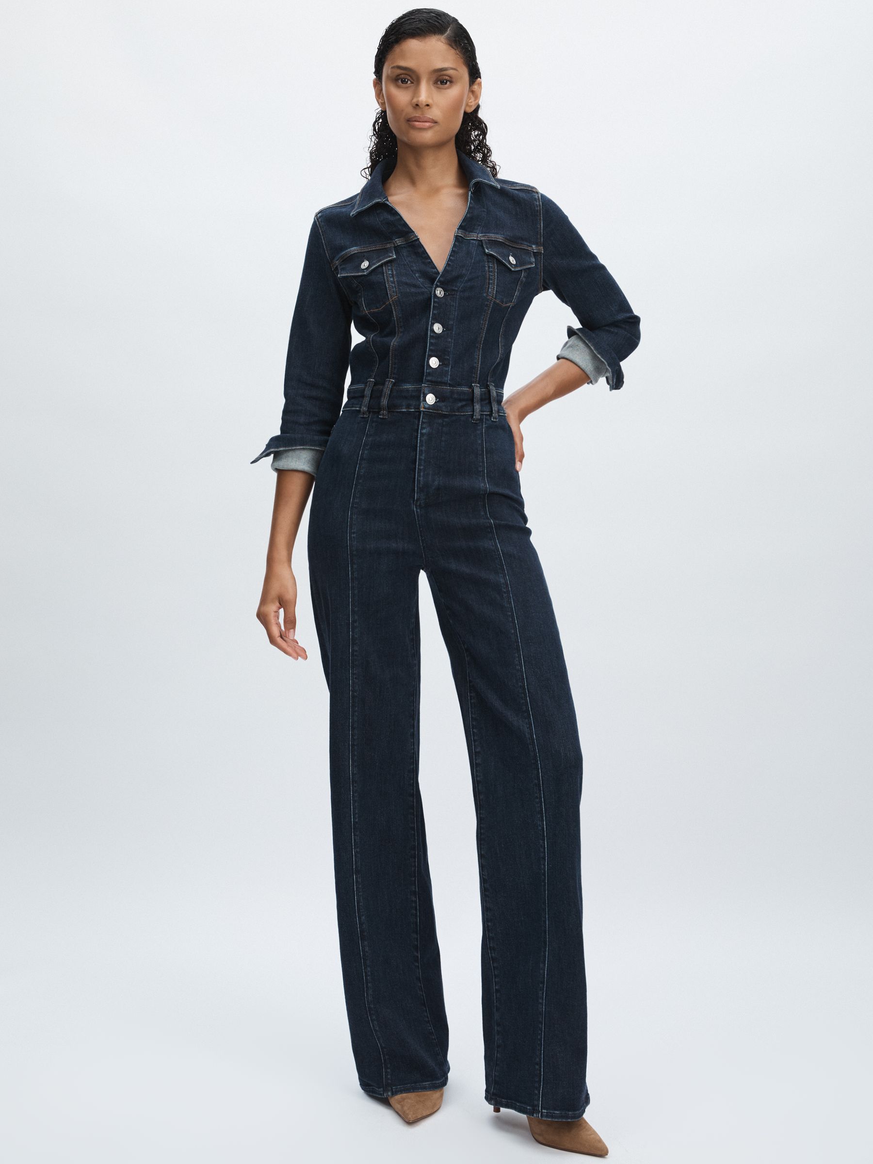 Paige Peregrine Blue Stretch-Cotton Denim Jumpsuit in Peregrine Blue