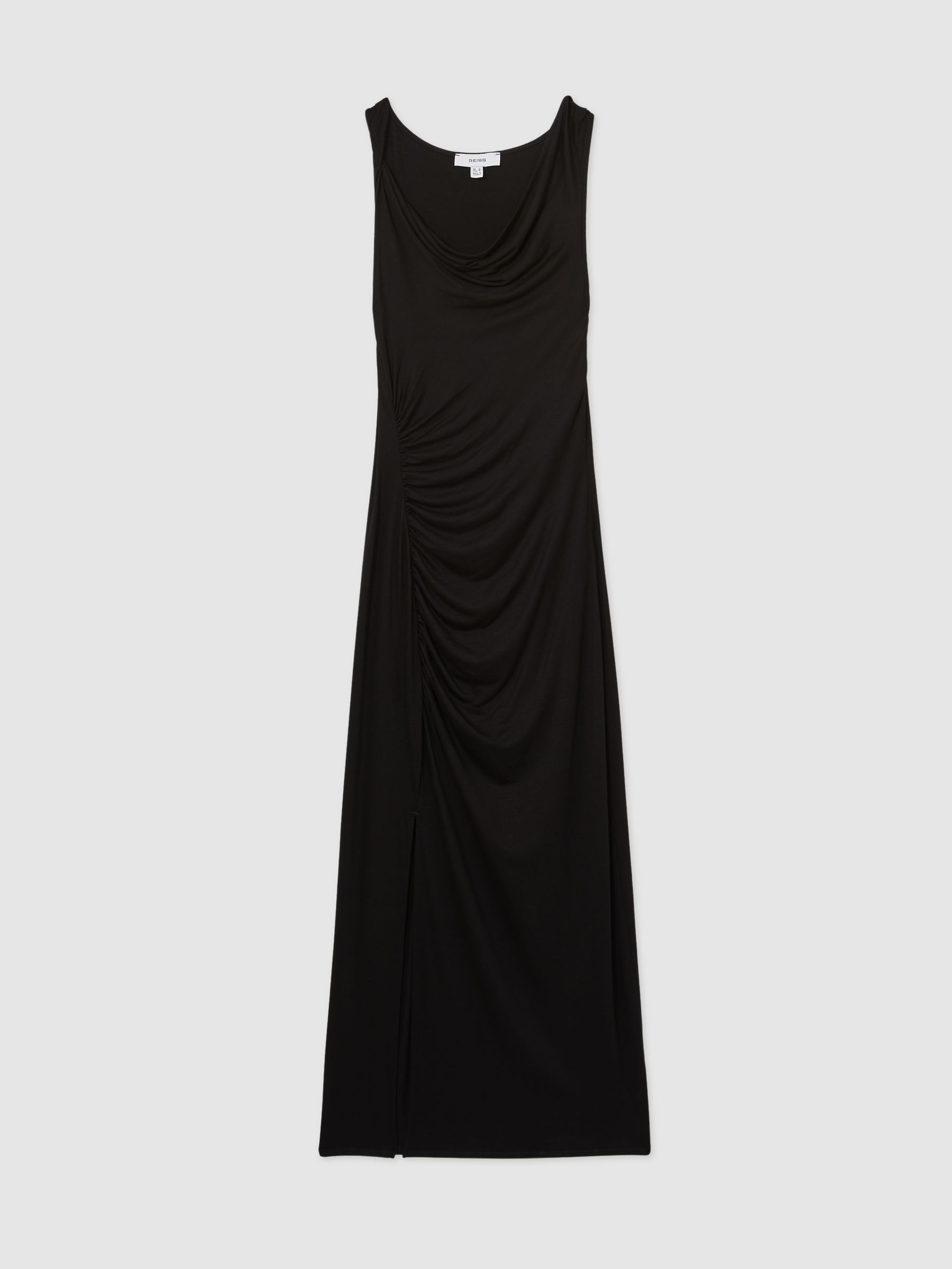 Cowl-Neck Ruched Jersey Midi Dress in Black