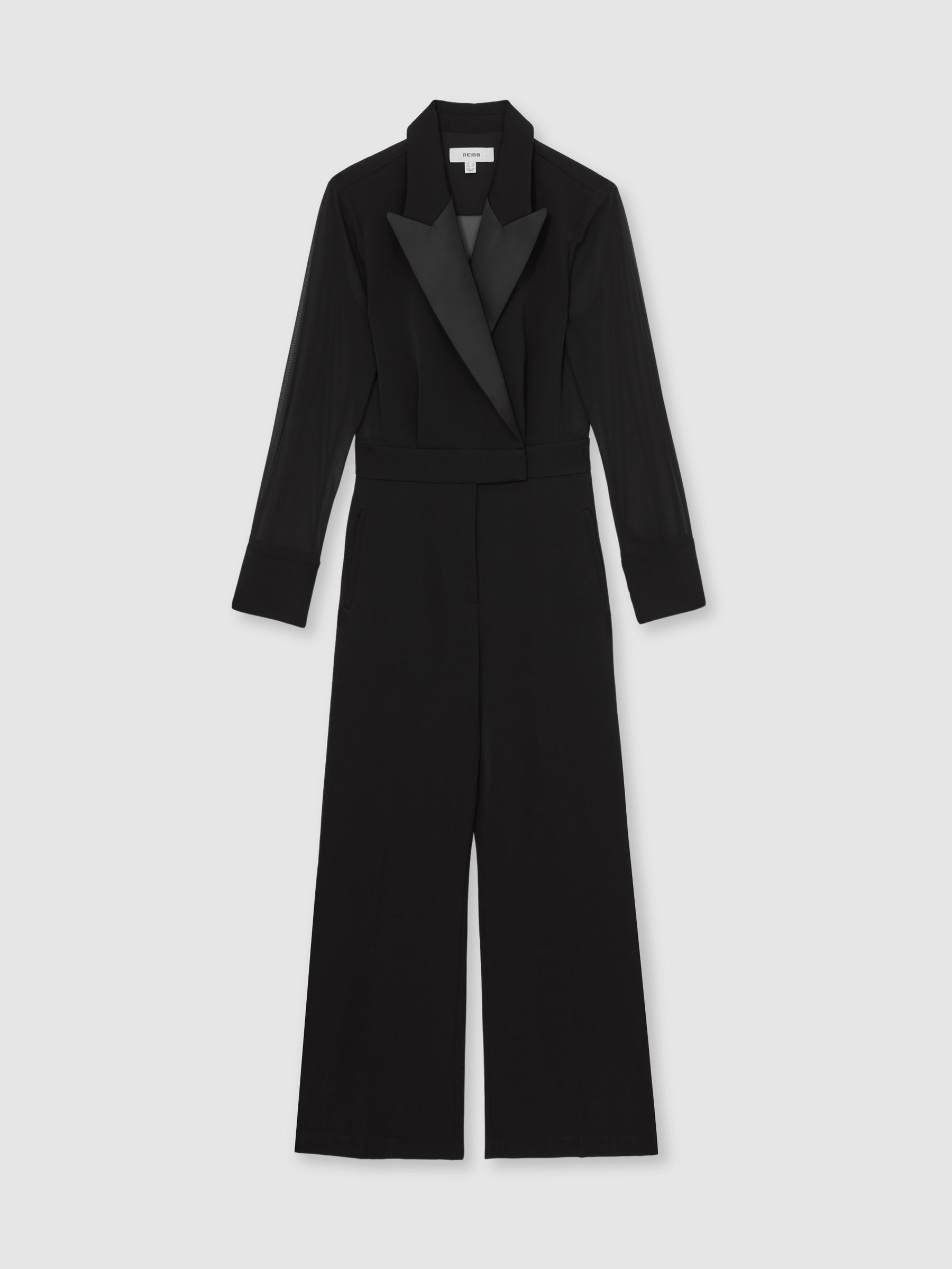 Sheer-Sleeve Tuxedo Jumpsuit in Black