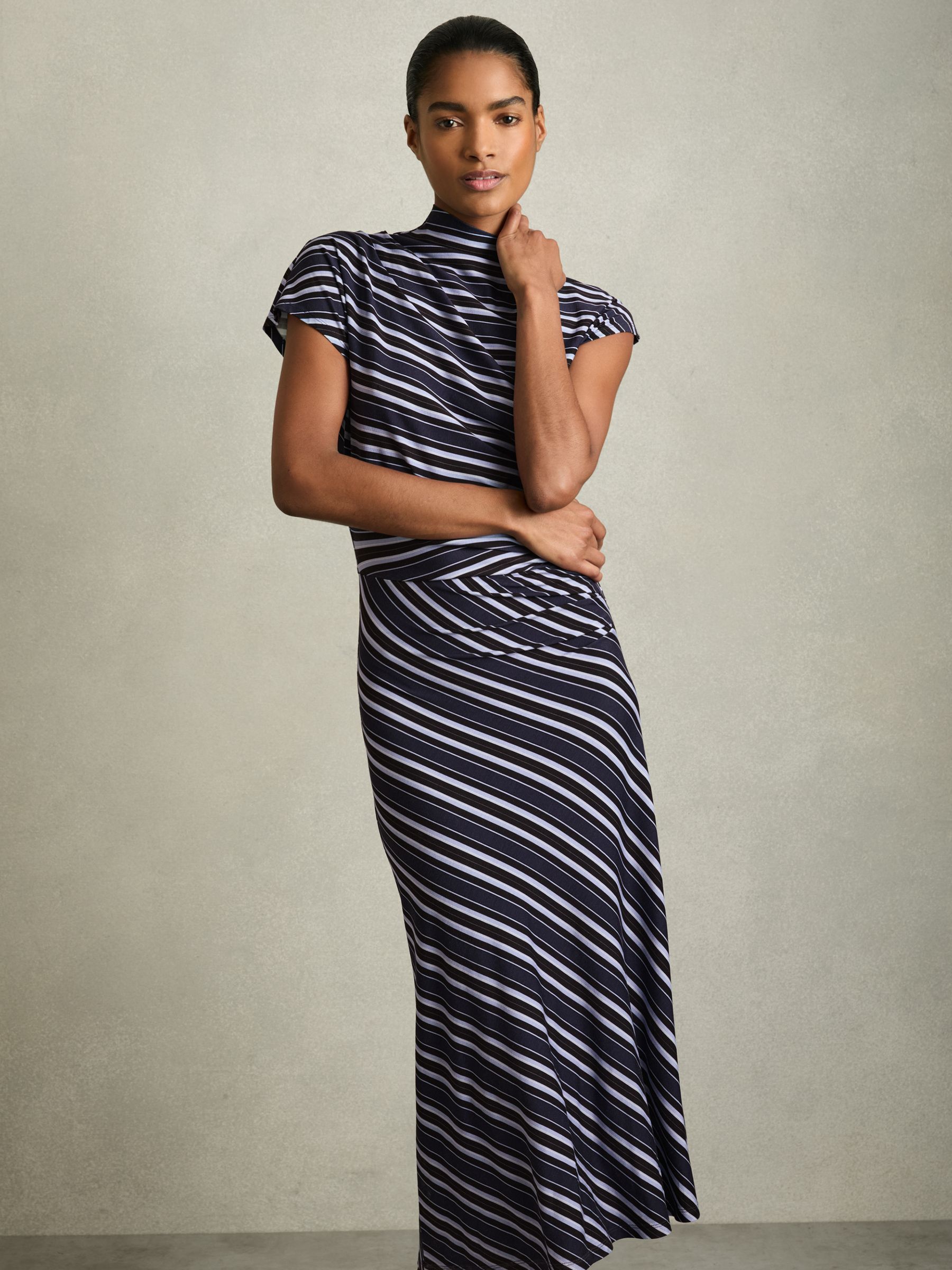 Petite Stripe-Print Draped Midi Dress in Blue