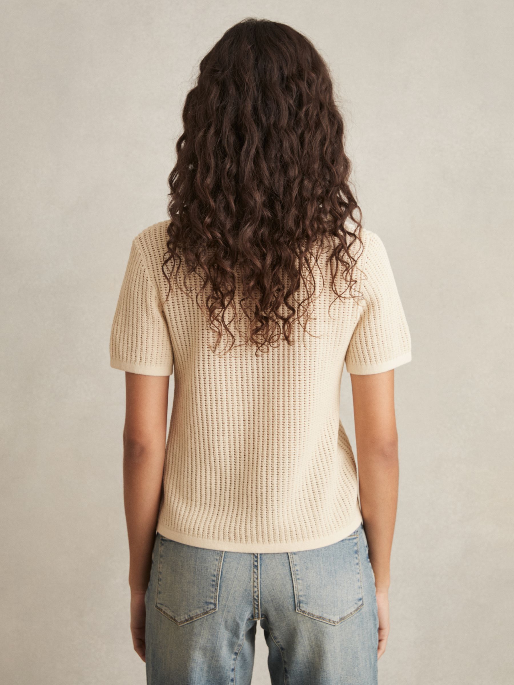 Cotton-Blend Open-Knit Polo Shirt in Ivory