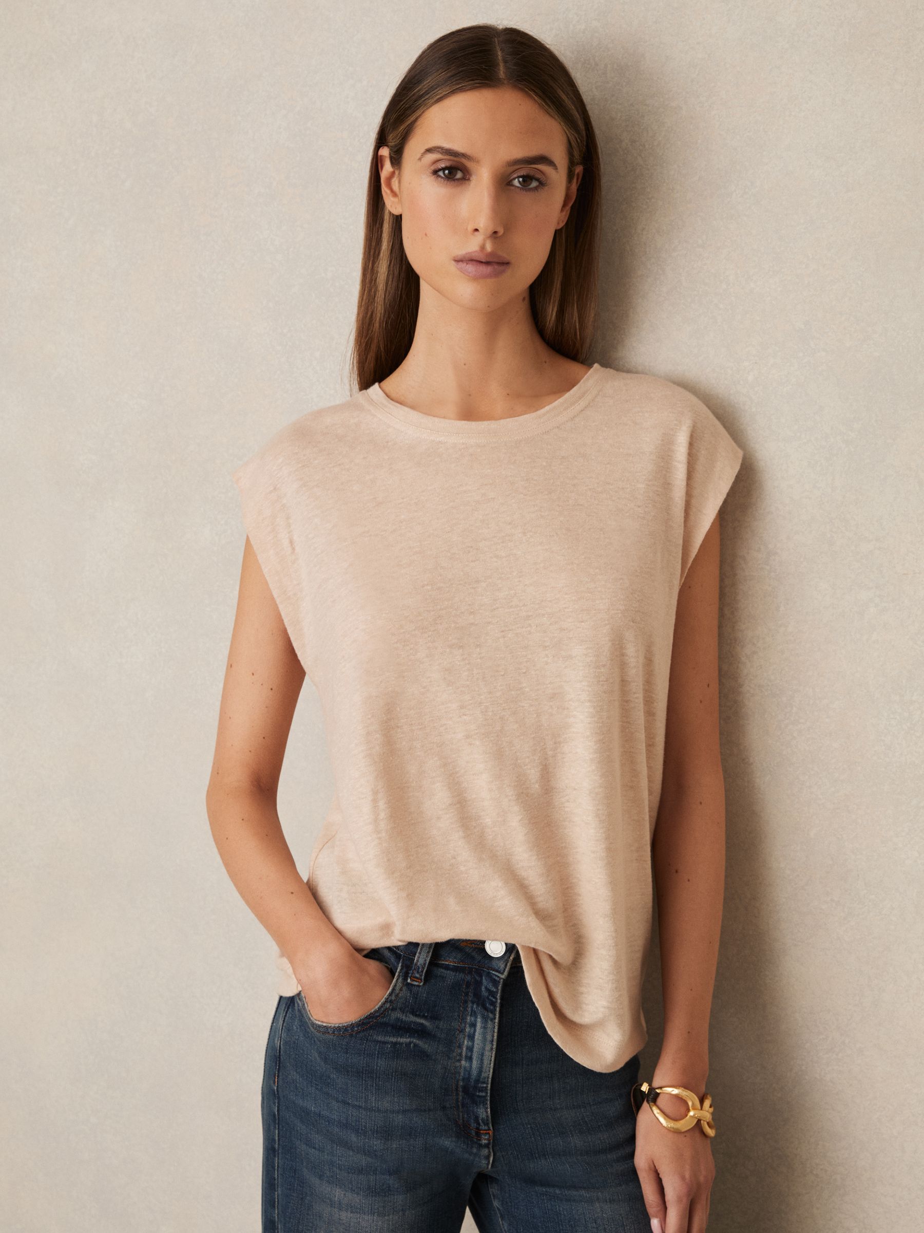 Linen Cap-Sleeve T-Shirt in Peach