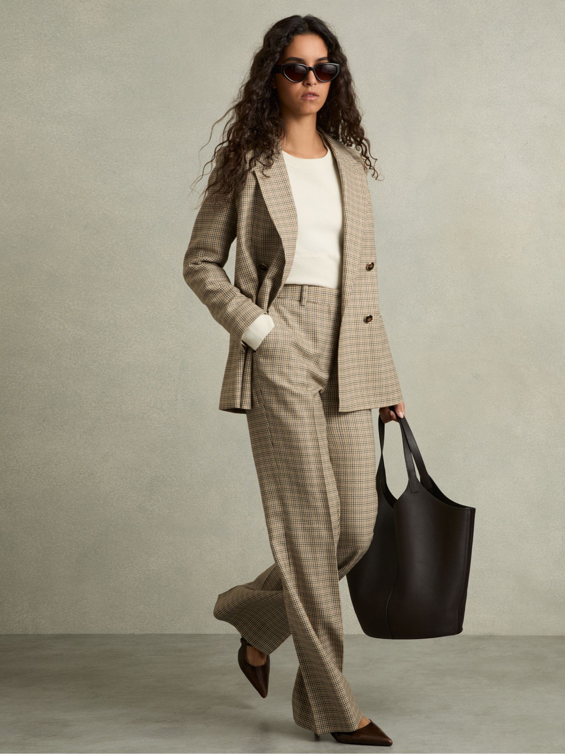 Petite Wool Wide-Leg Houndstooth-Check Trousers in Brown Check
