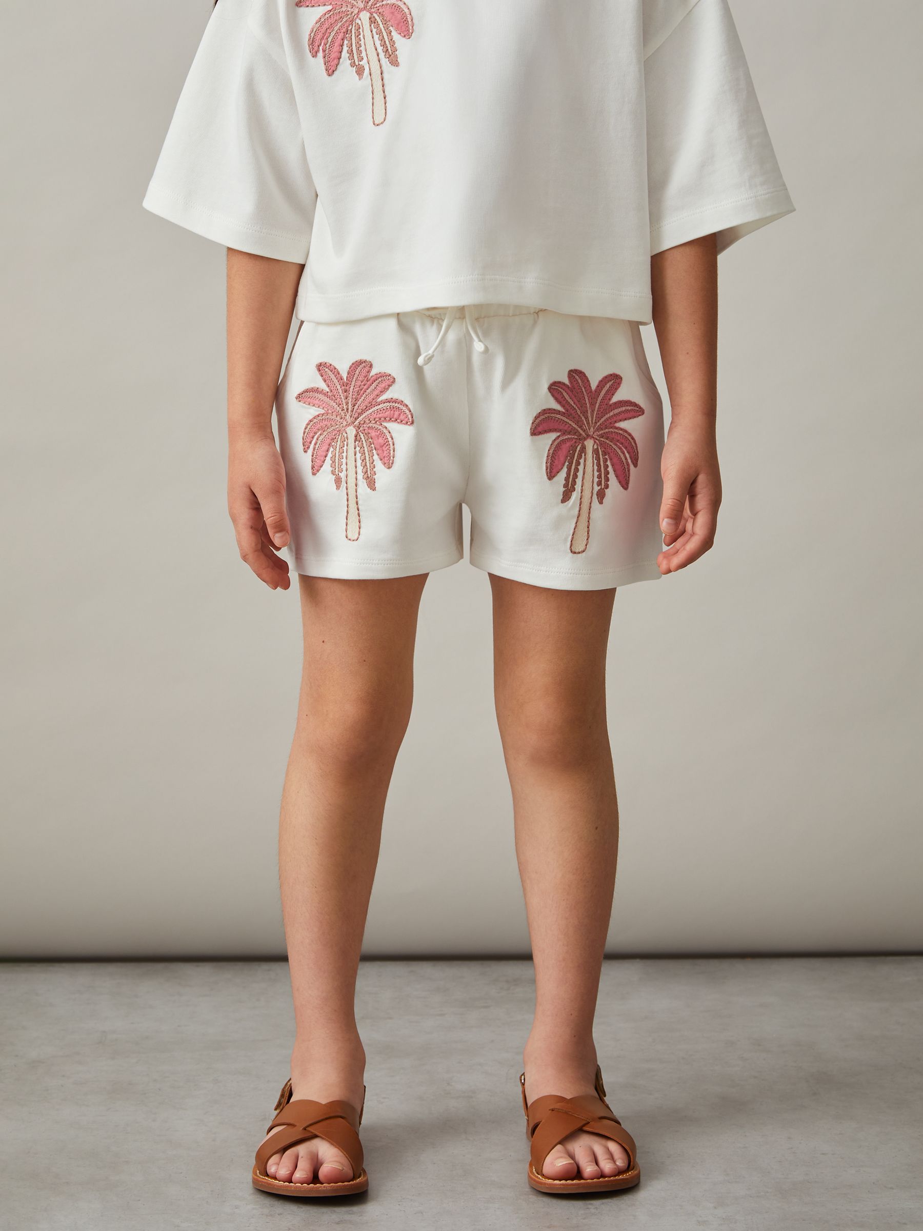 13-14 yrs Cotton Palm Tree Drawstring Shorts in Ivory