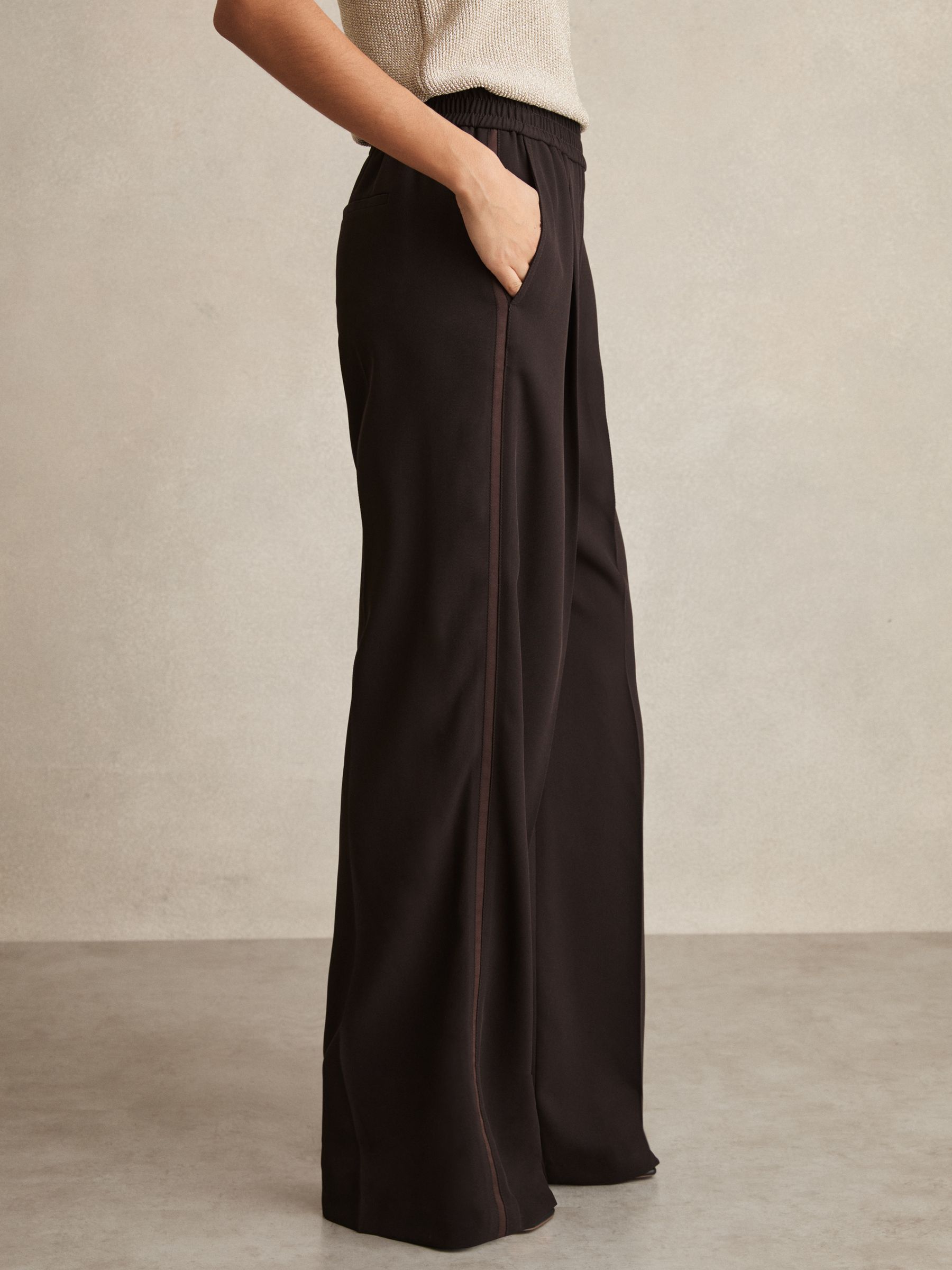 Elasticated Side Stripe Wide Leg Trousers in Chocolate Brown