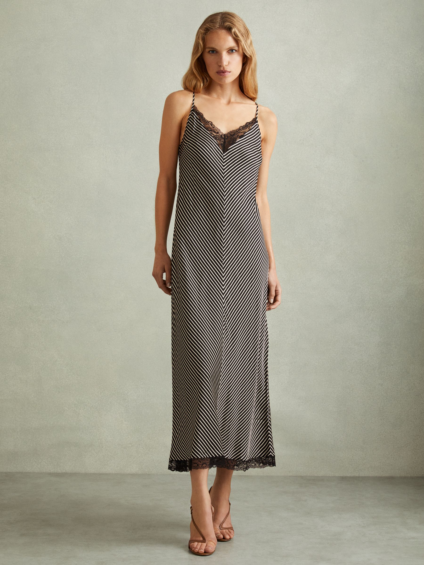 Camilla Black Striped Lace Trim Midi Dress